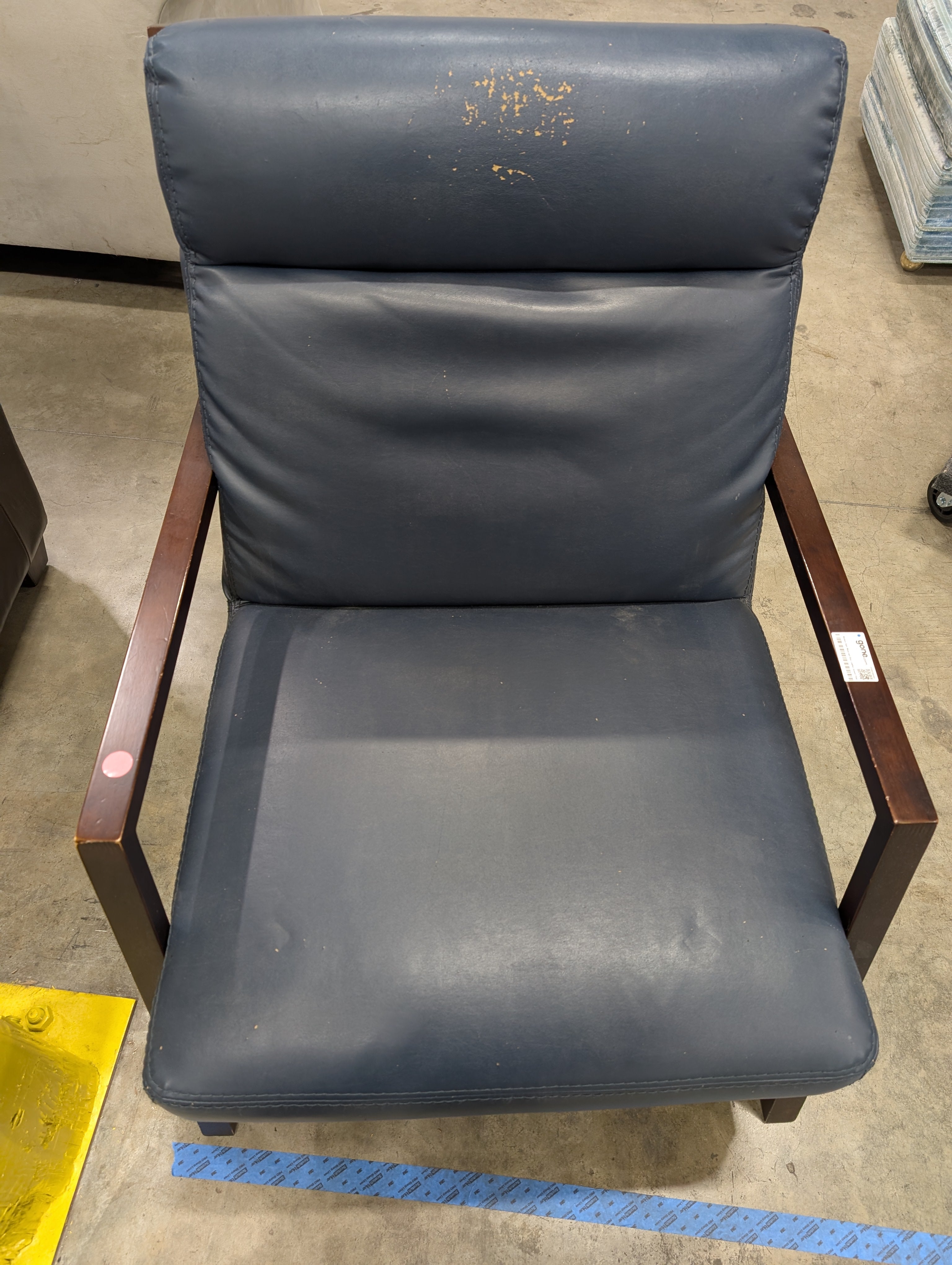 Warehouse Sale: Modern Dark Wood and Blue Leather Accent Chair