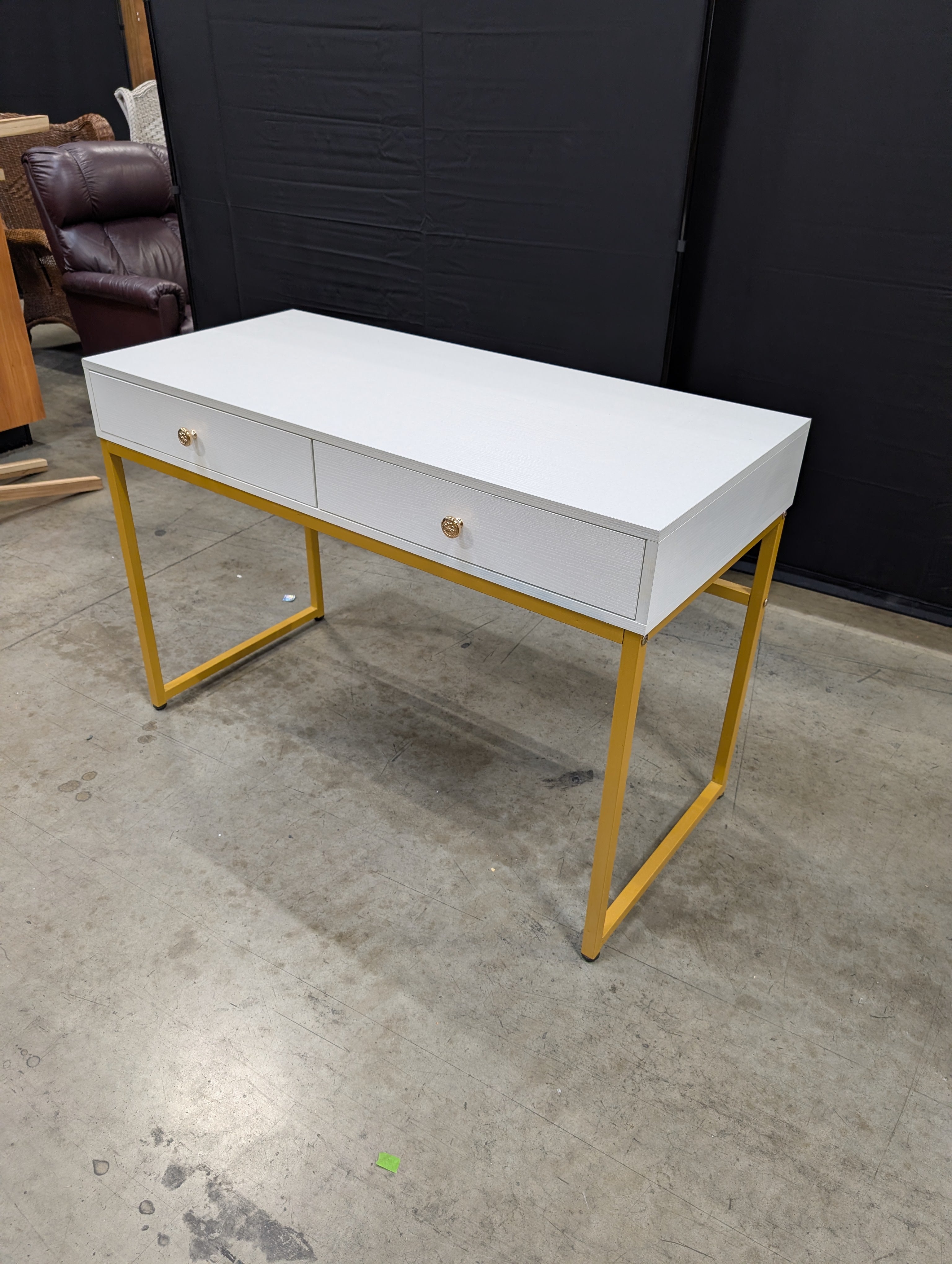 Modern Grey Wood Grain Desk with Gold Tone Metal Frame
