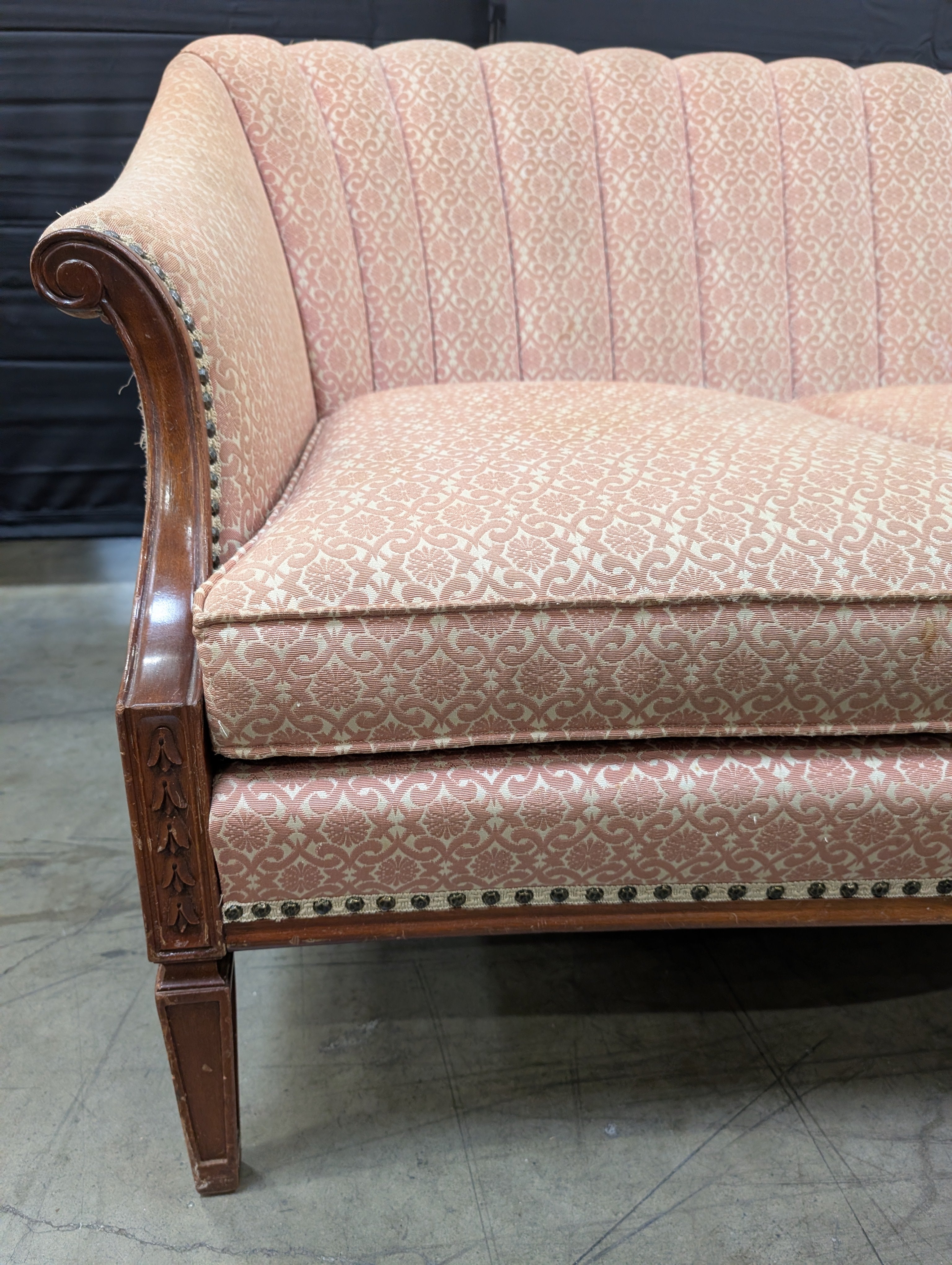 Poor condition Traditional Patterned Fabric Two-Seater Sofa with Wood Frame