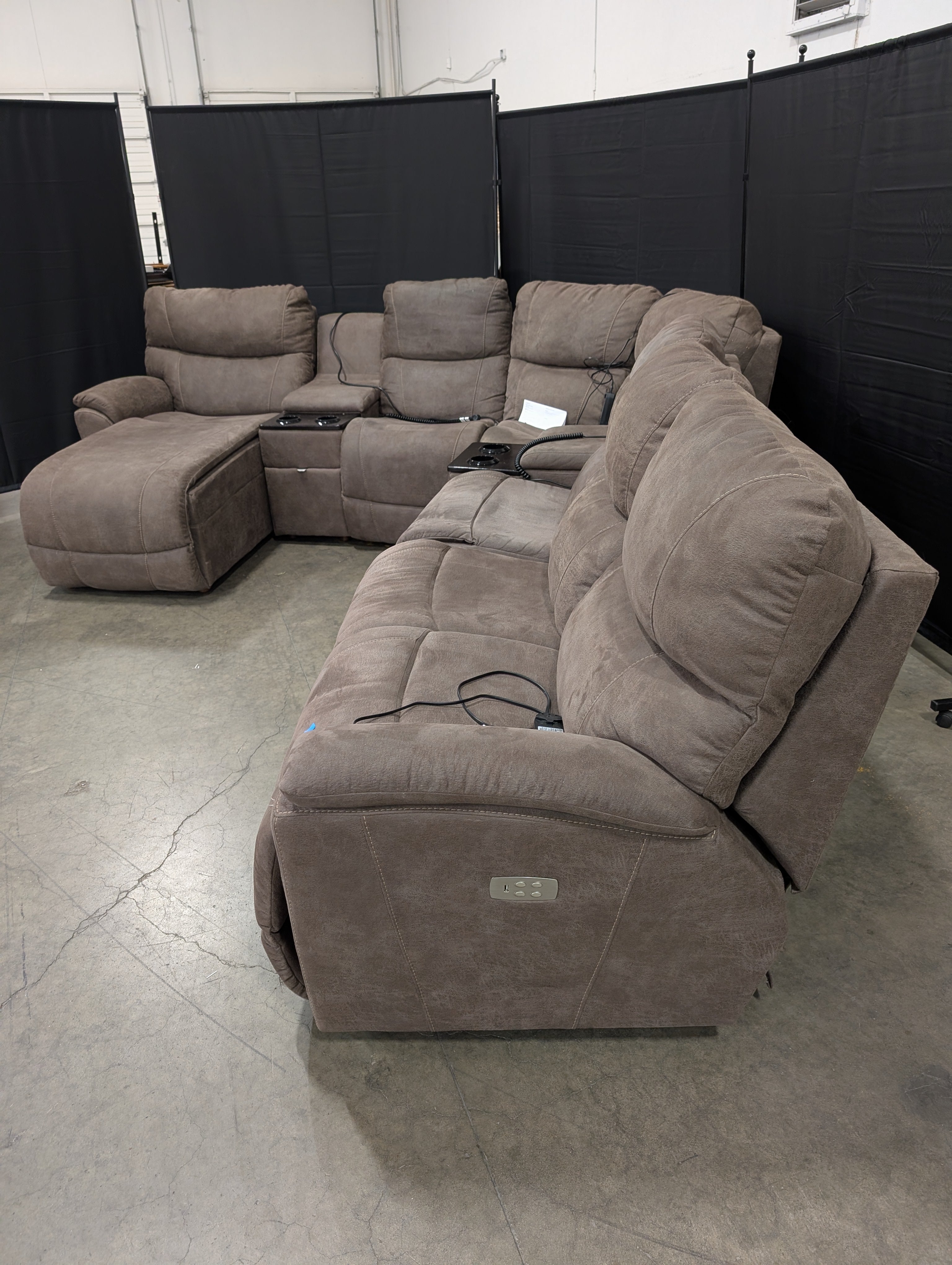 Electric Reclining Brown Microfiber Sectional Couch with Consoles