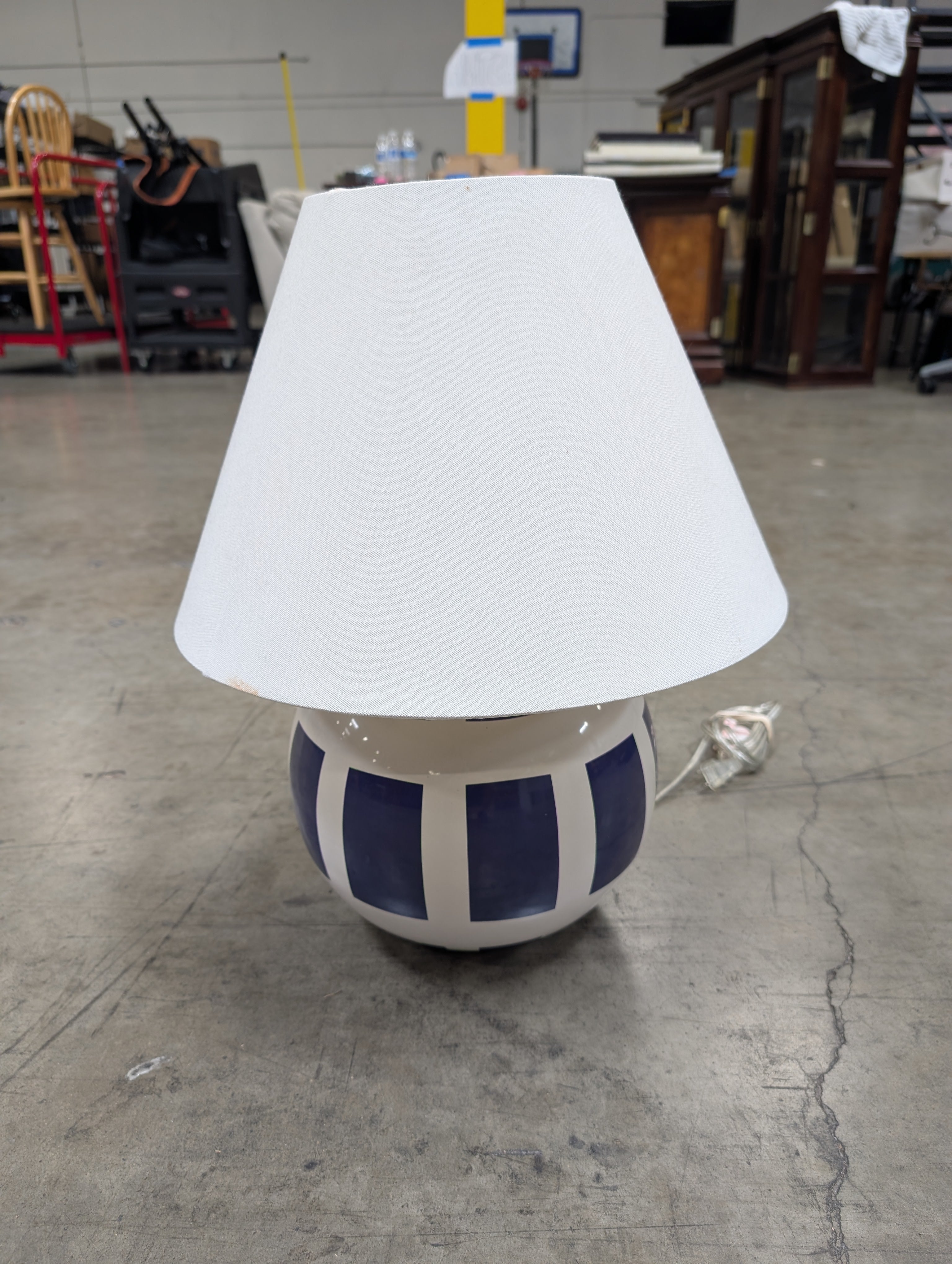 Navy and White Patterned Globe Table Lamp with Fabric Shade