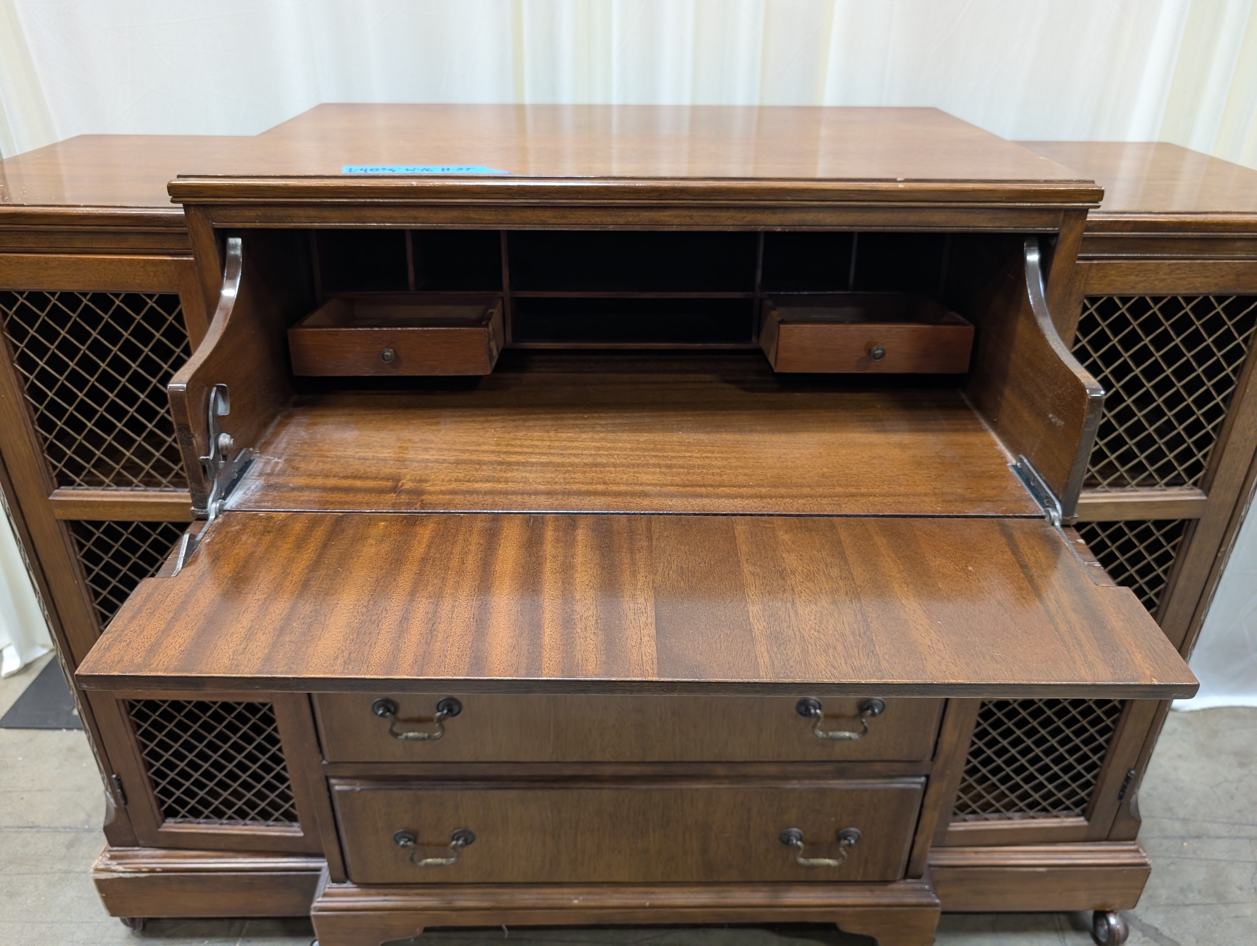 Vintage Stepped Top Wood Secretary Desk with Mesh Doors
