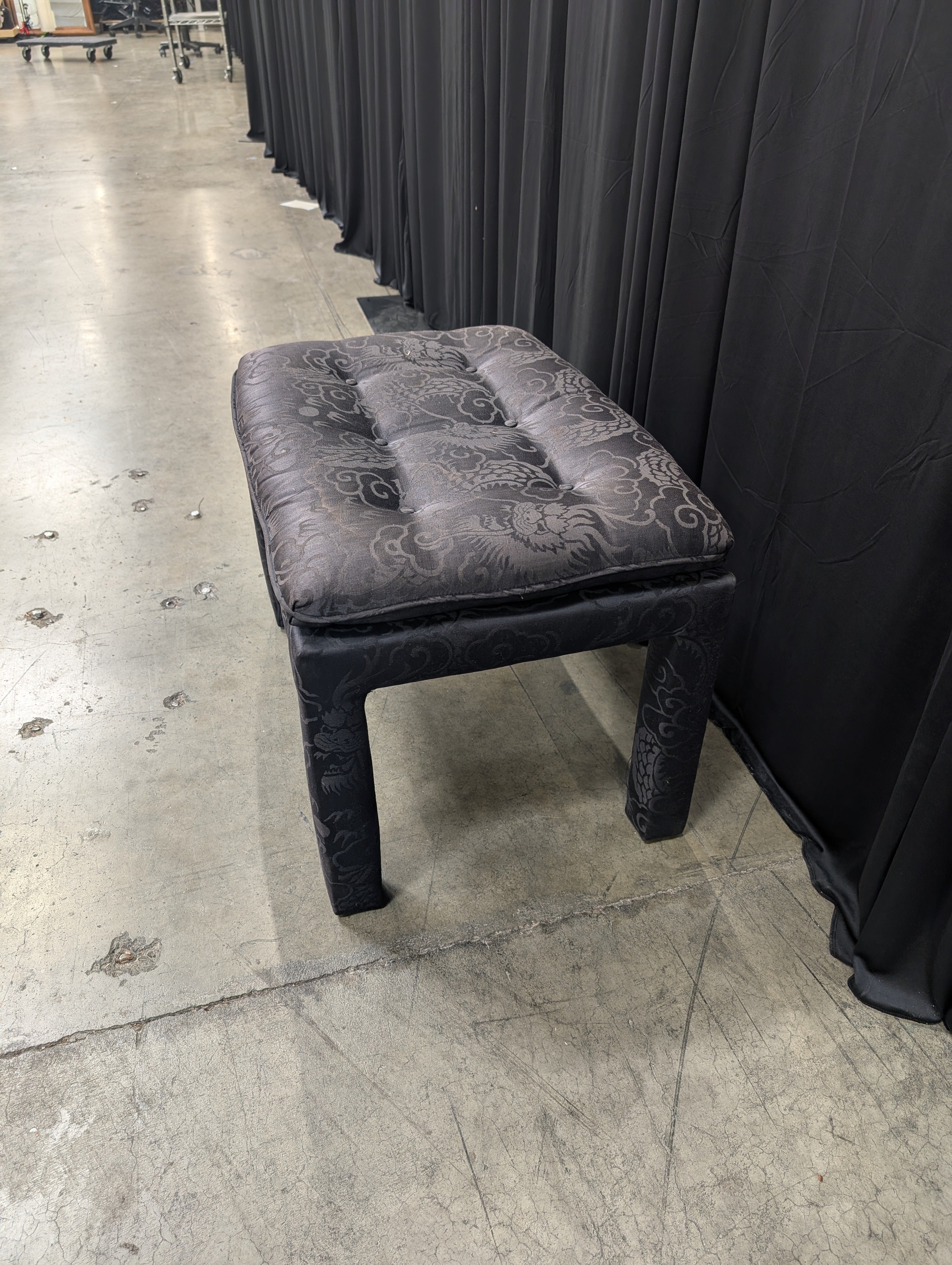Patterned Dark Brown Fabric Ottoman with Tufted Cushion