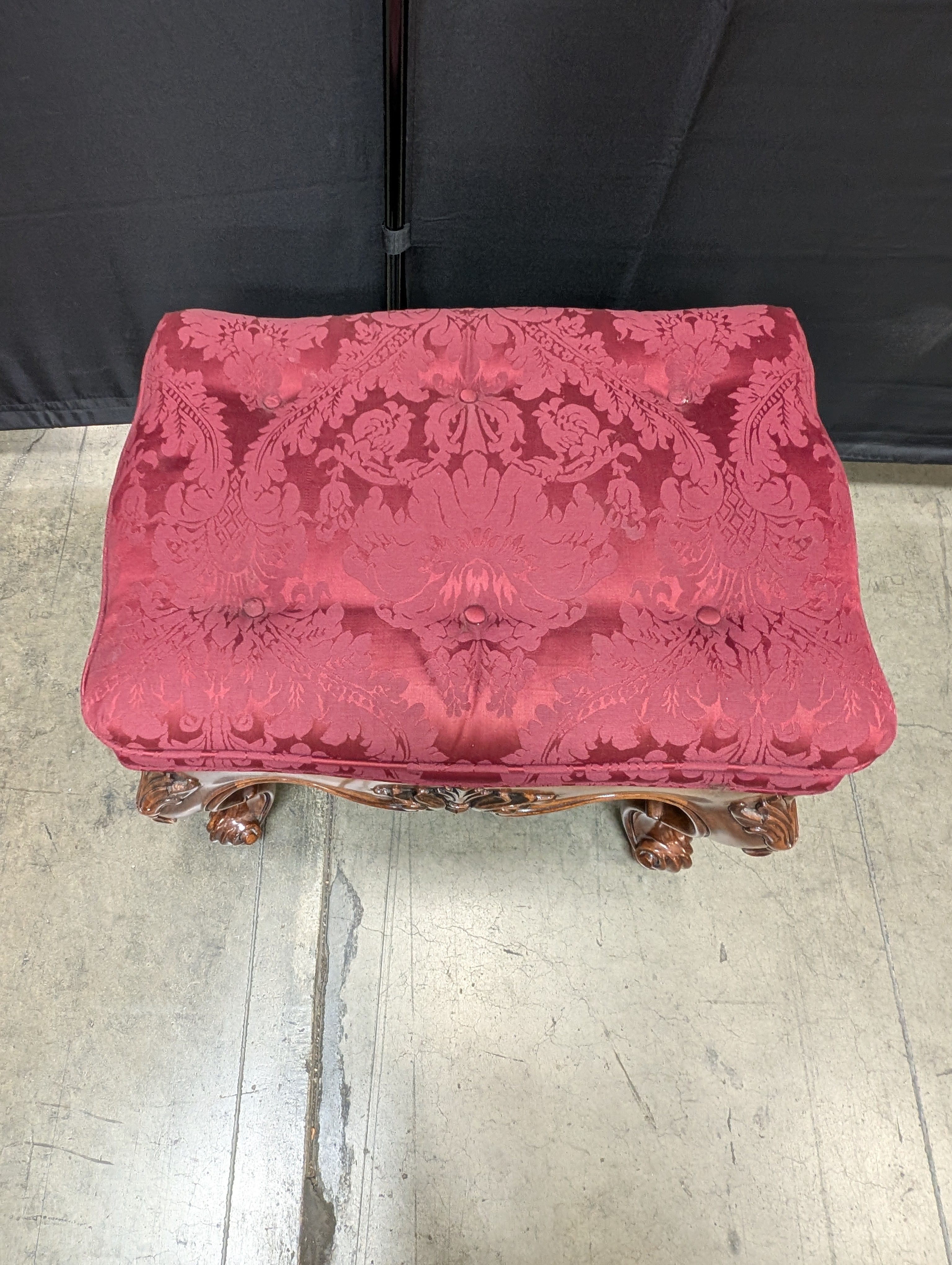 Ornate Carved Wood Tufted Ottoman
