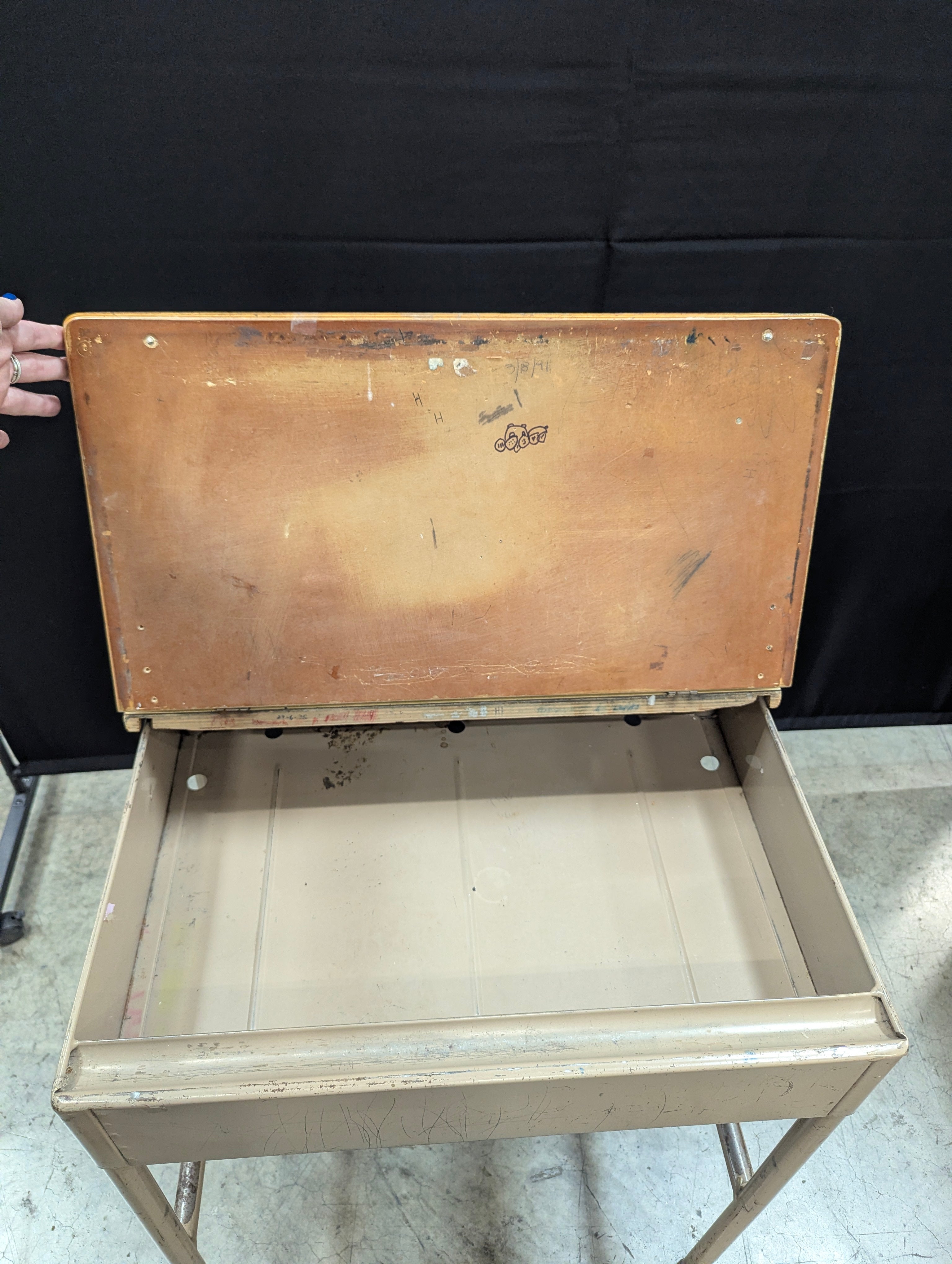 Vintage Light Wood Lift-Top School Desk with Metal Frame