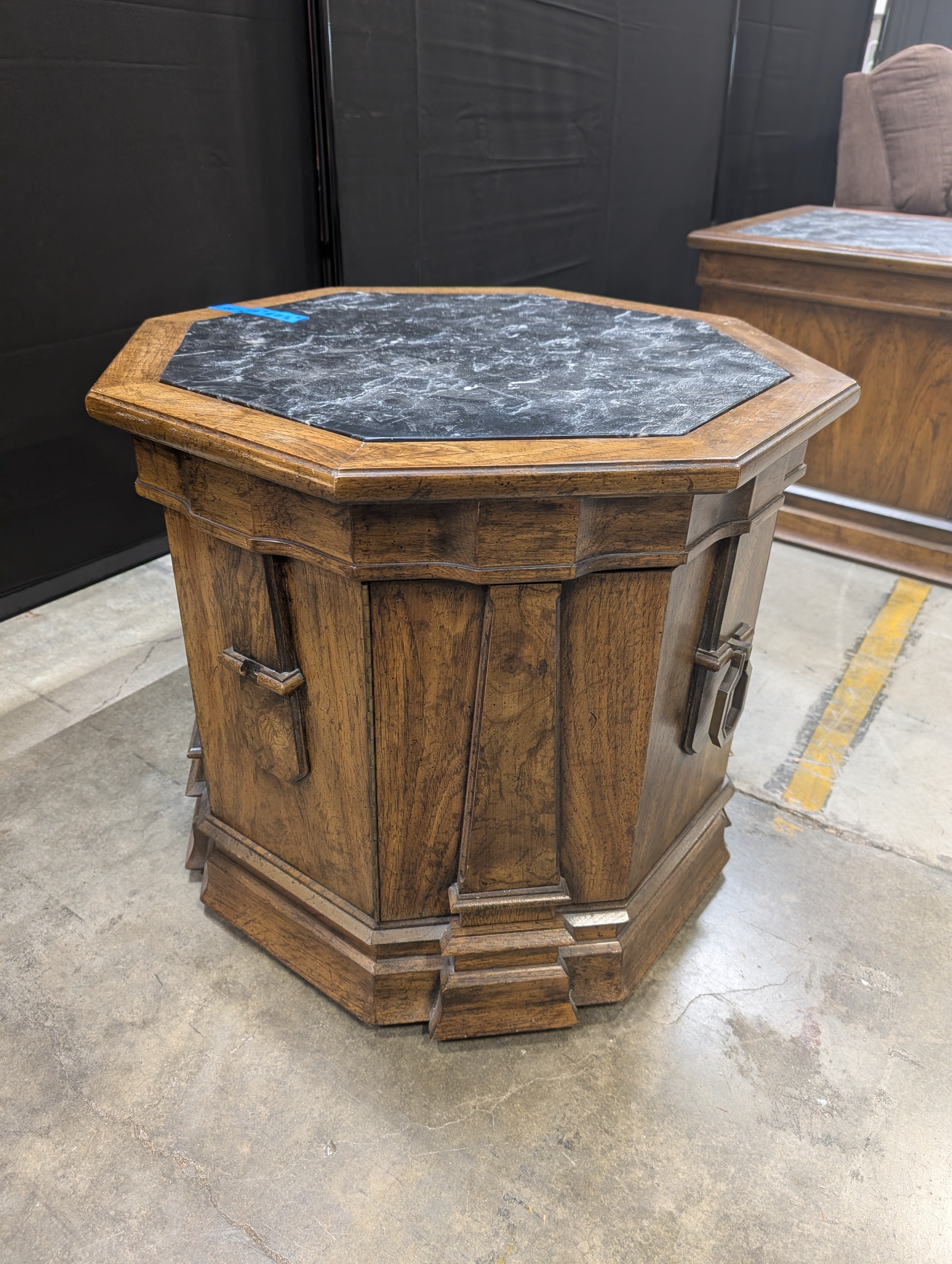 Octagonal Dark Wood End Table with Black Textured Top