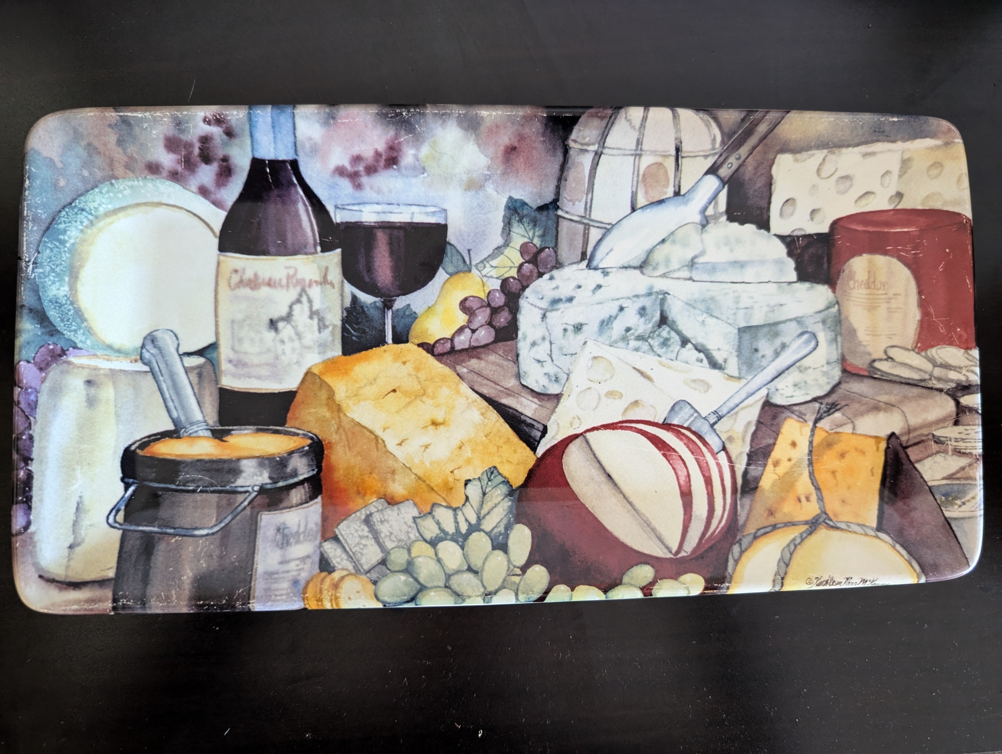 Rectangular Cheese & Wine Art Serving Platter by Kathleen T. McLane