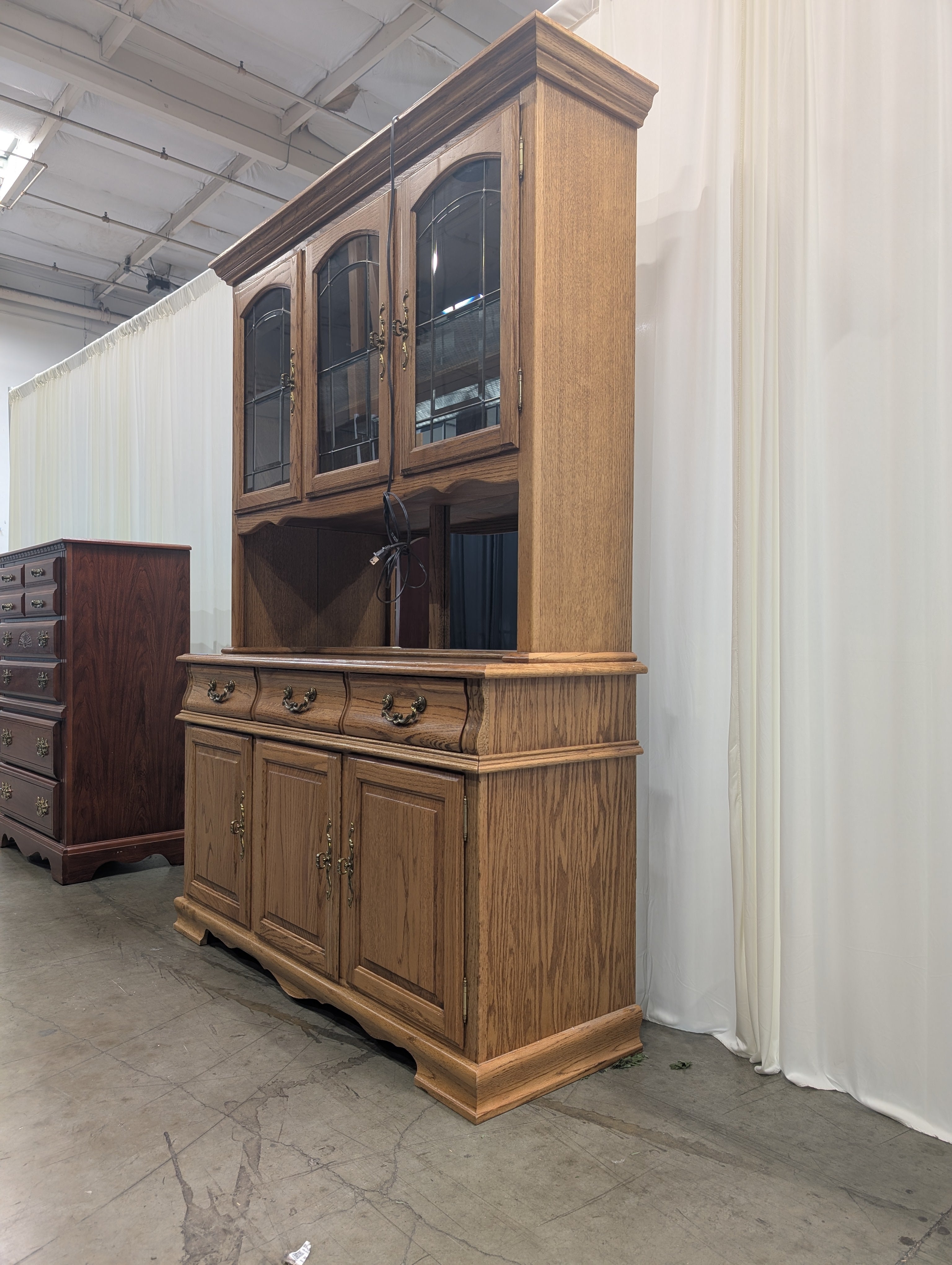 Golden Oak China Cabinet with Leaded Glass