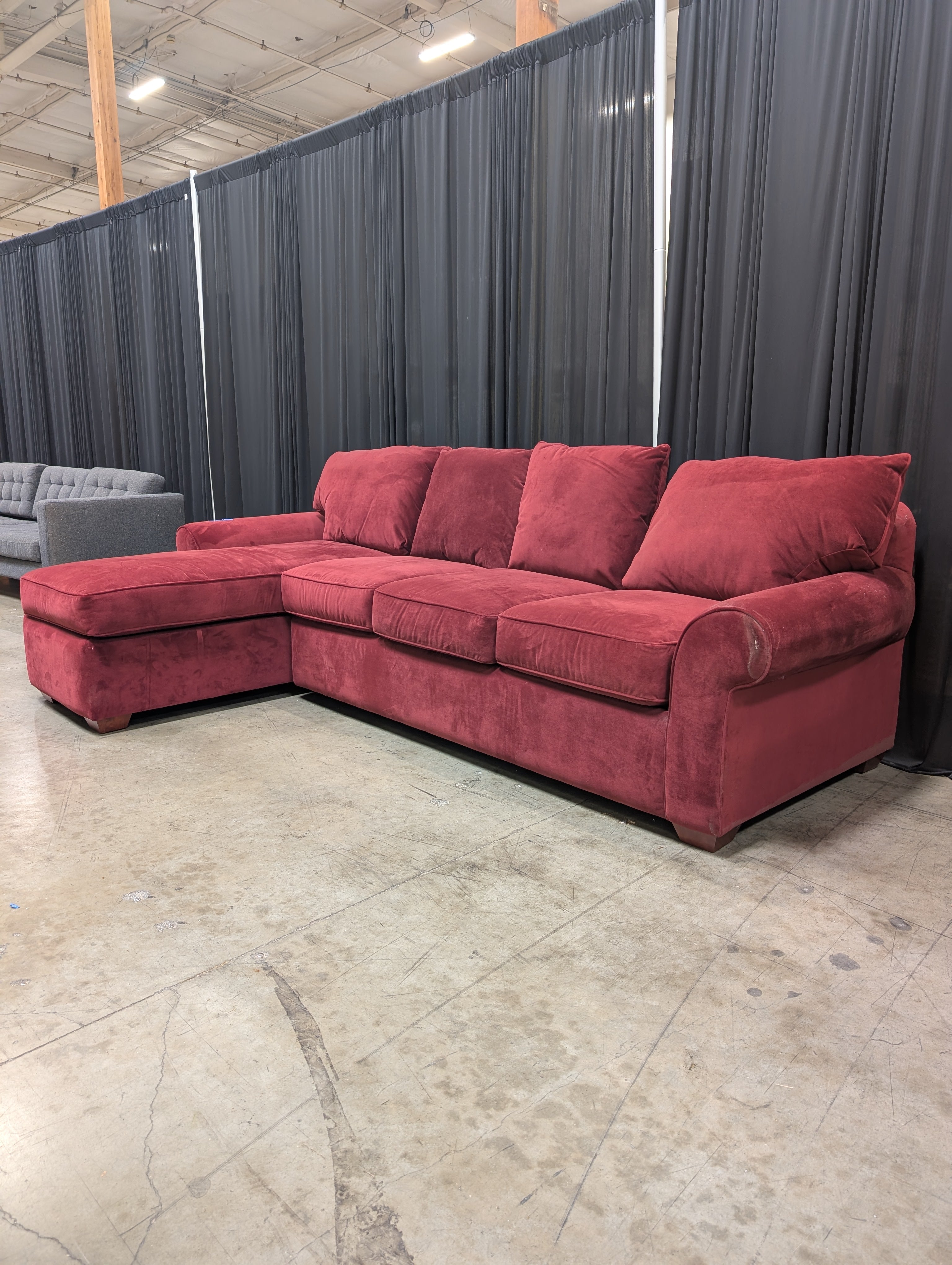 Deep Red L-Shaped Sectional Couch in Velvet