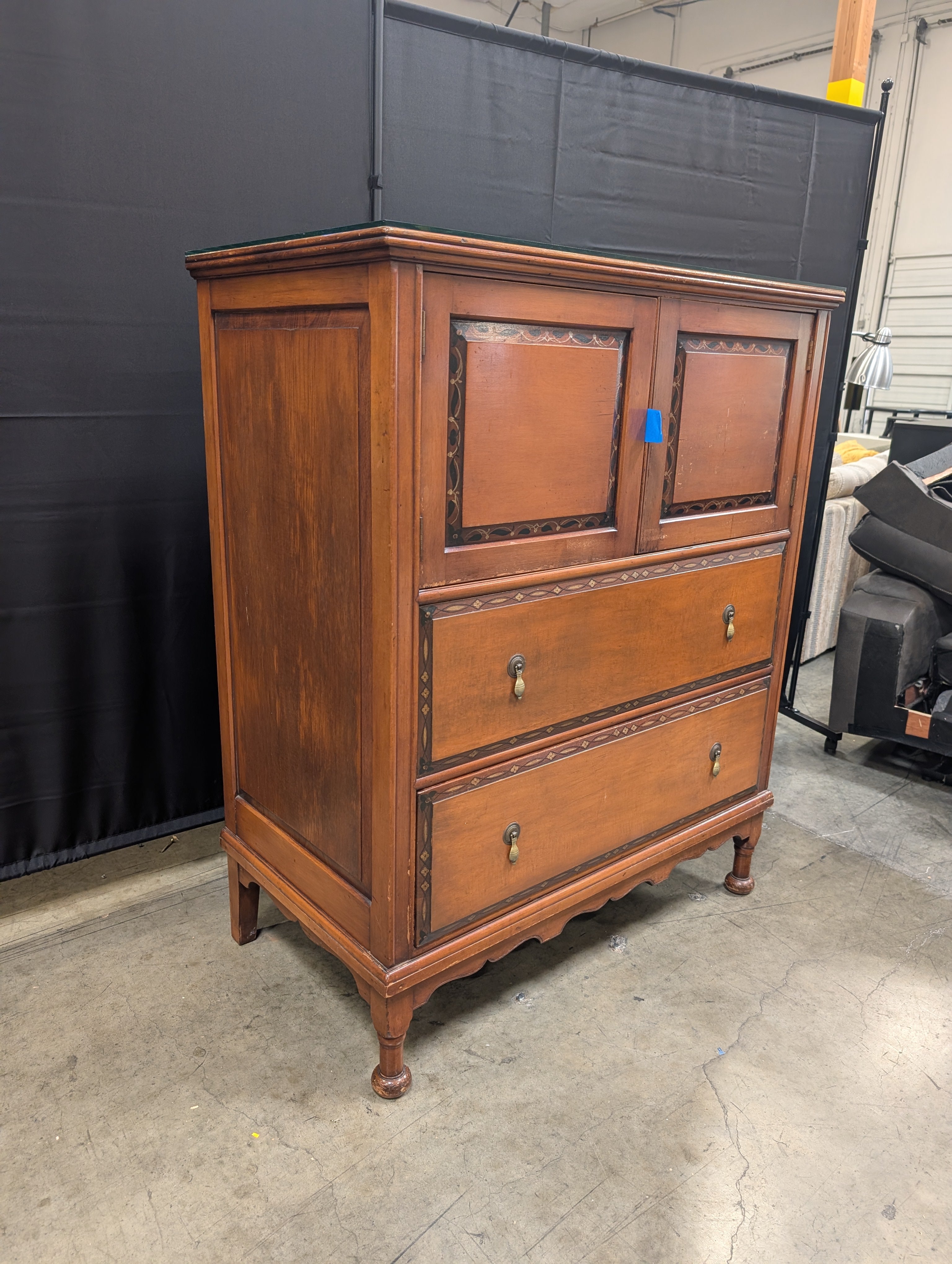 Traditional Cherry Tone Wood Armoire with Inlay