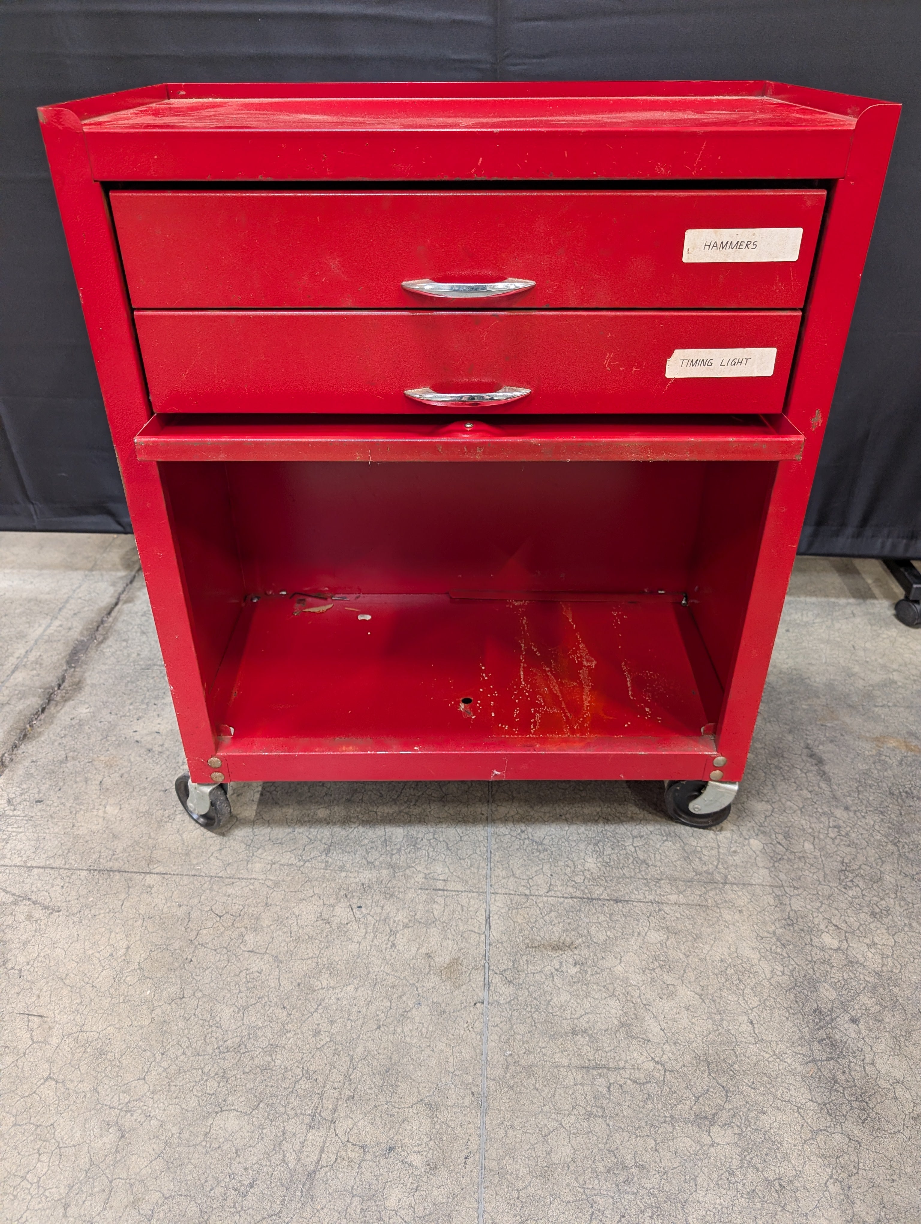 Compact Red Metal Rolling Tool Cart with Two Drawers
