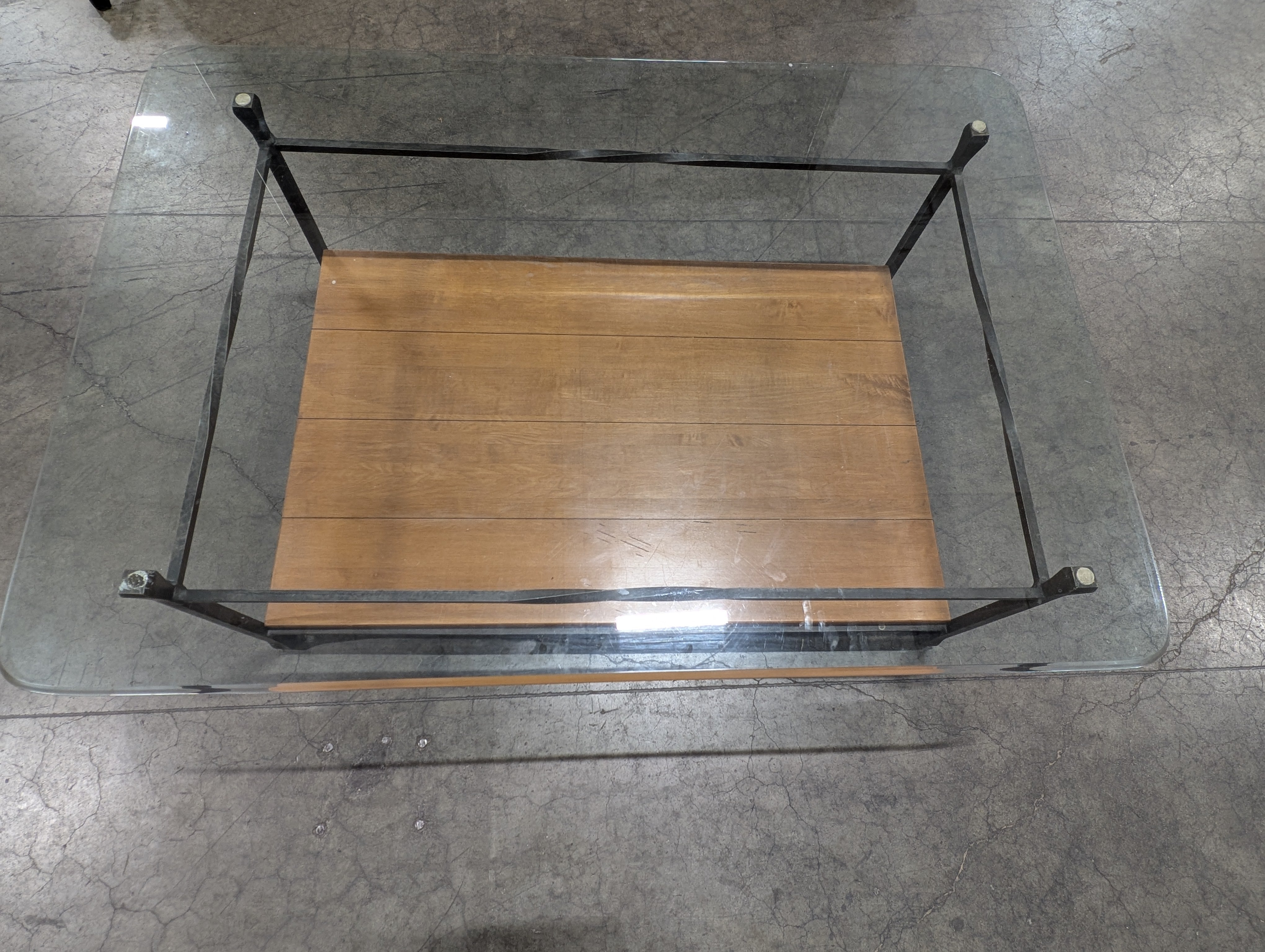 Two-Tier Glass Top Coffee Table with Wood Shelf and Metal Frame