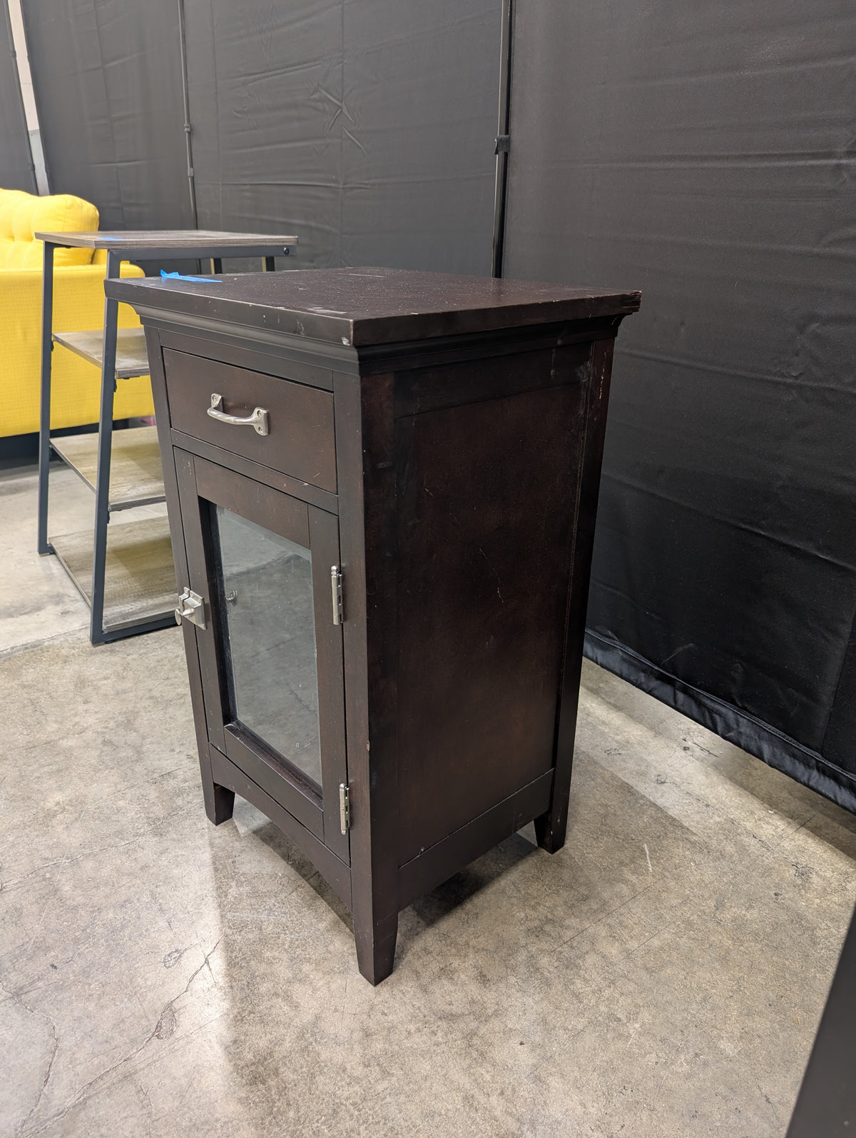 Dark Brown Wood Nightstand with Glass Door