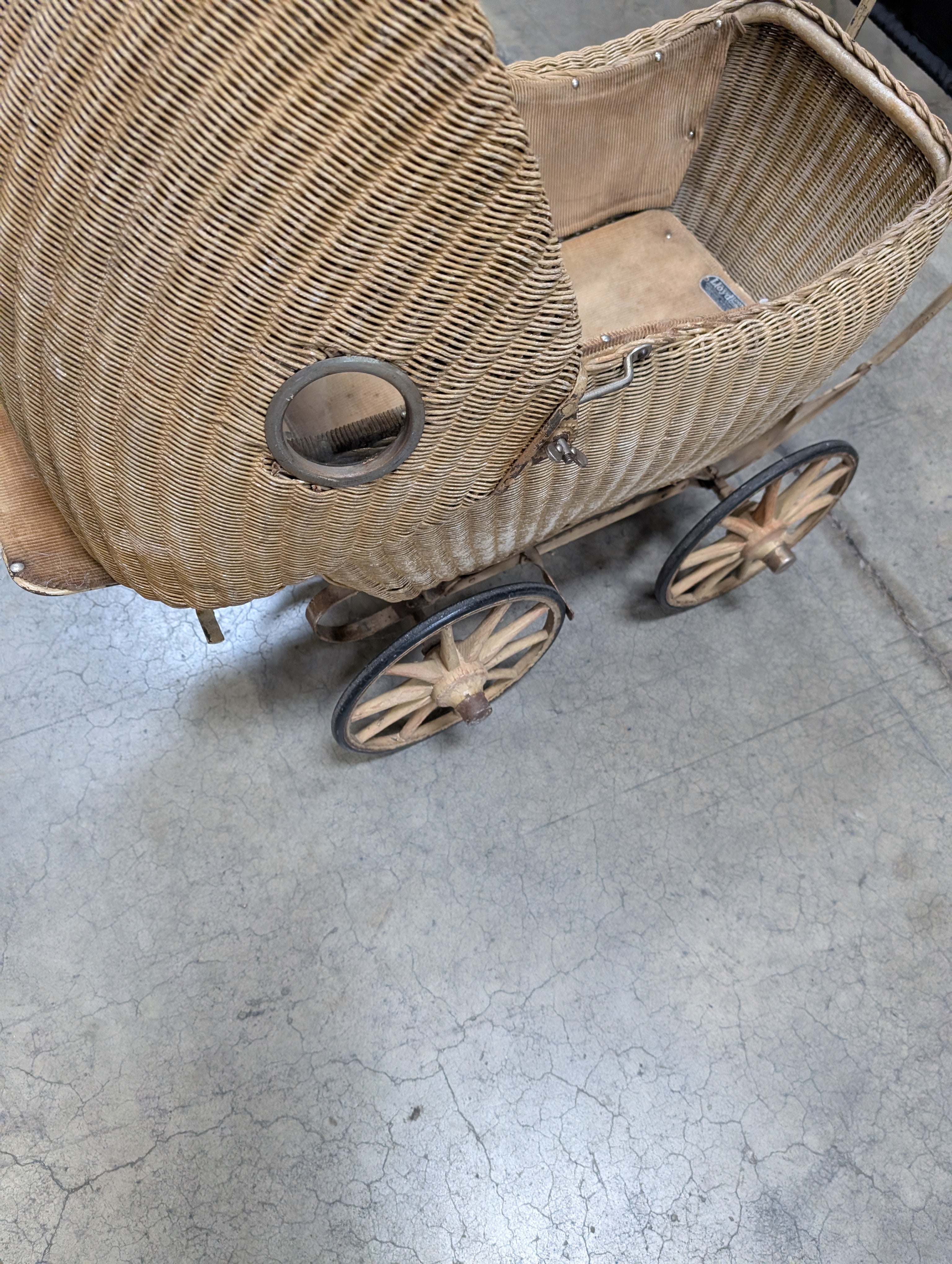 Vintage Lloyd Loom Baby Carriage with Glass Porthole Window