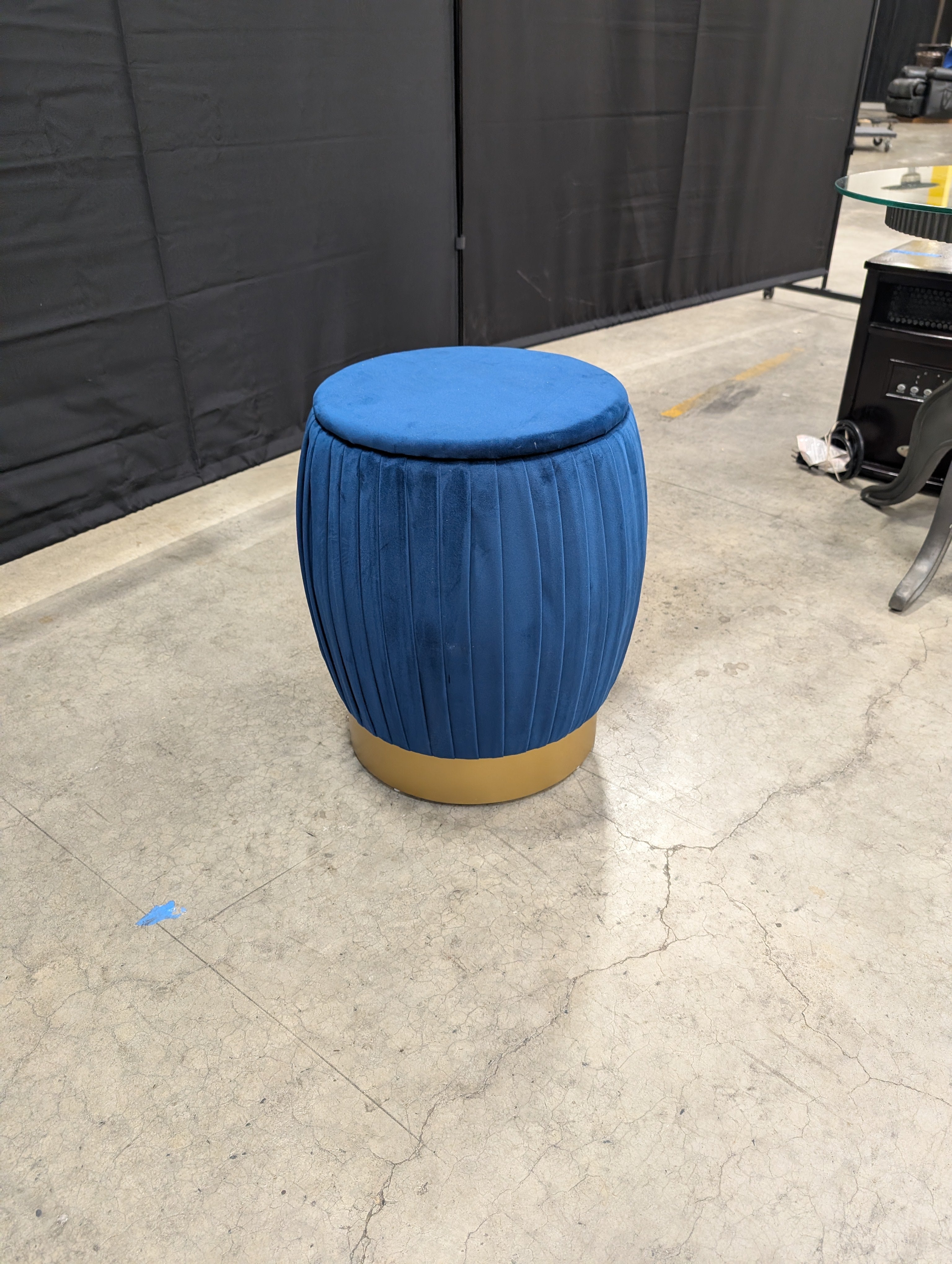 Plush Blue Velvet Pleated Storage Ottoman with Gold Base