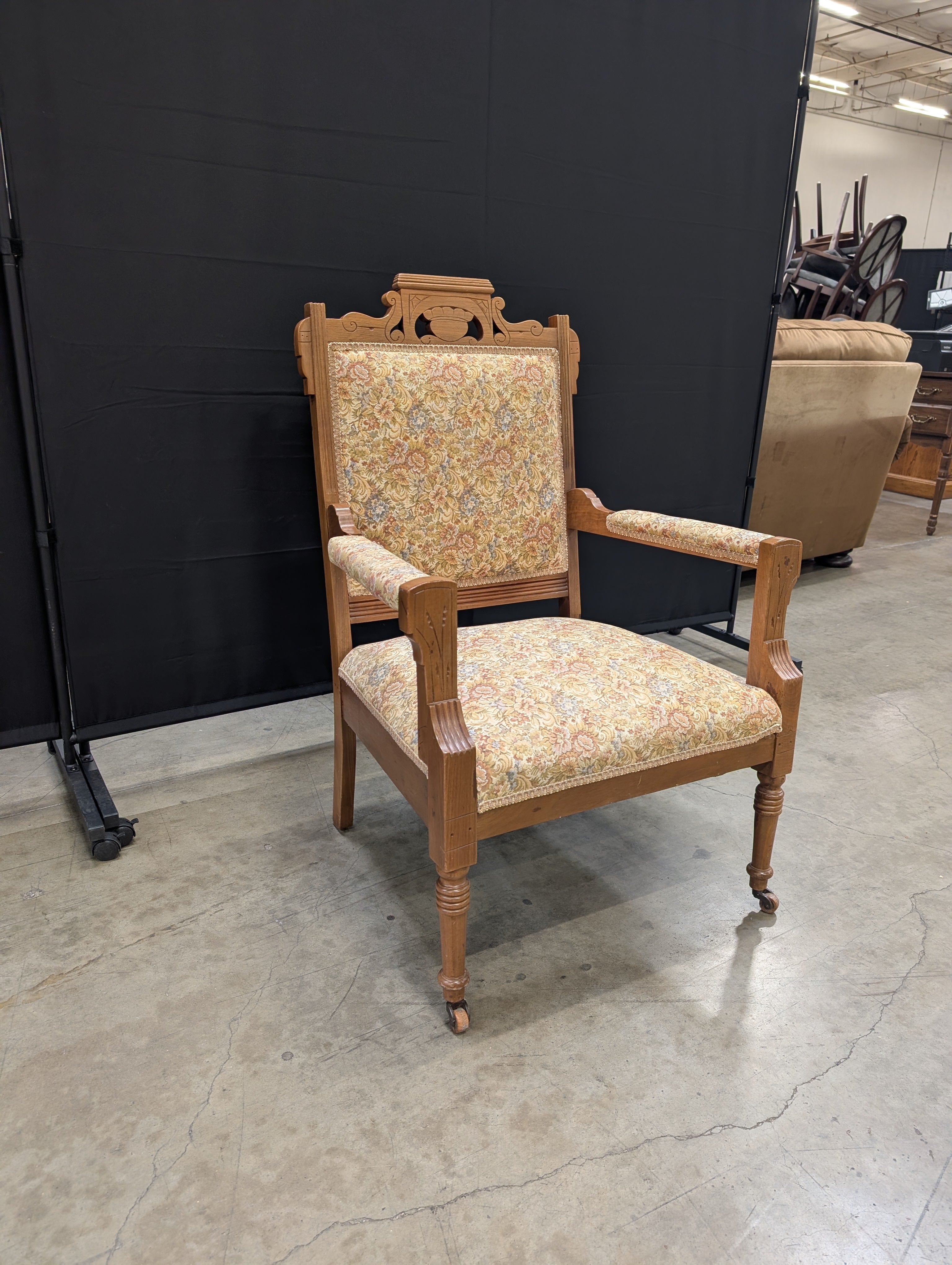 Vintage Carved Wood Armchair with Floral Upholstery