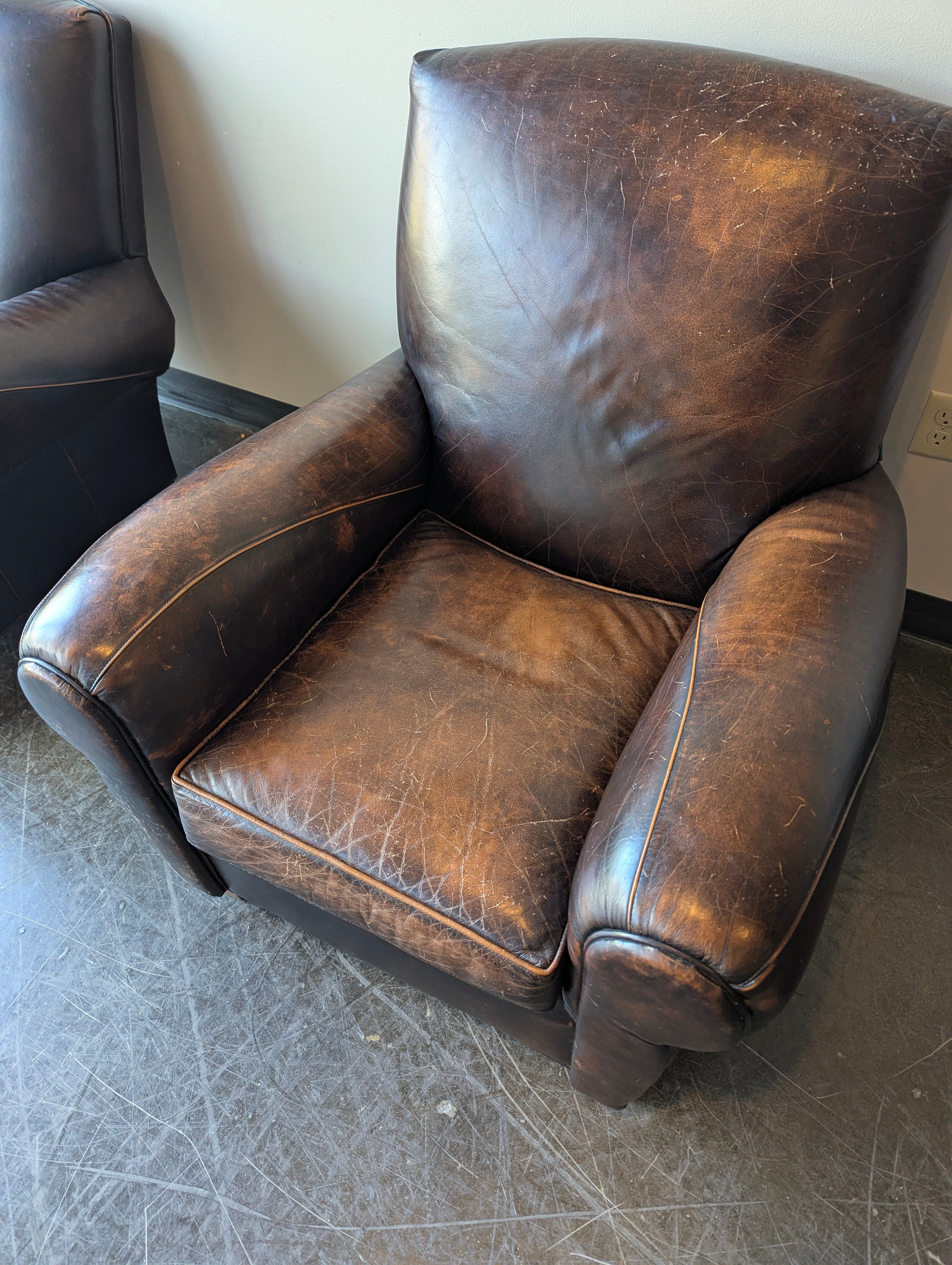 Distressed Brown Leather Club Chair with Rolled Arms