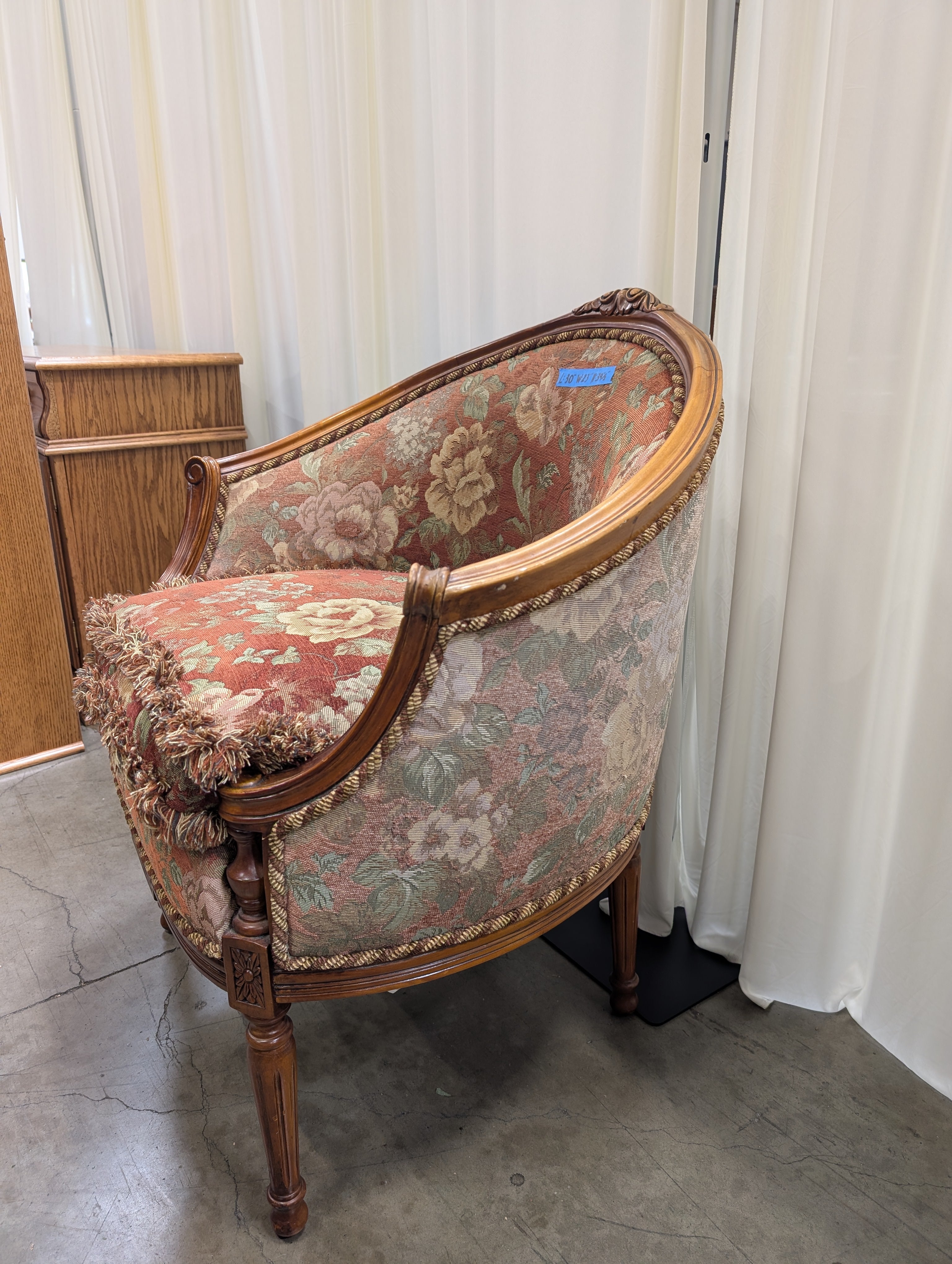 French Provincial Floral Tapestry Armchair with Fringe