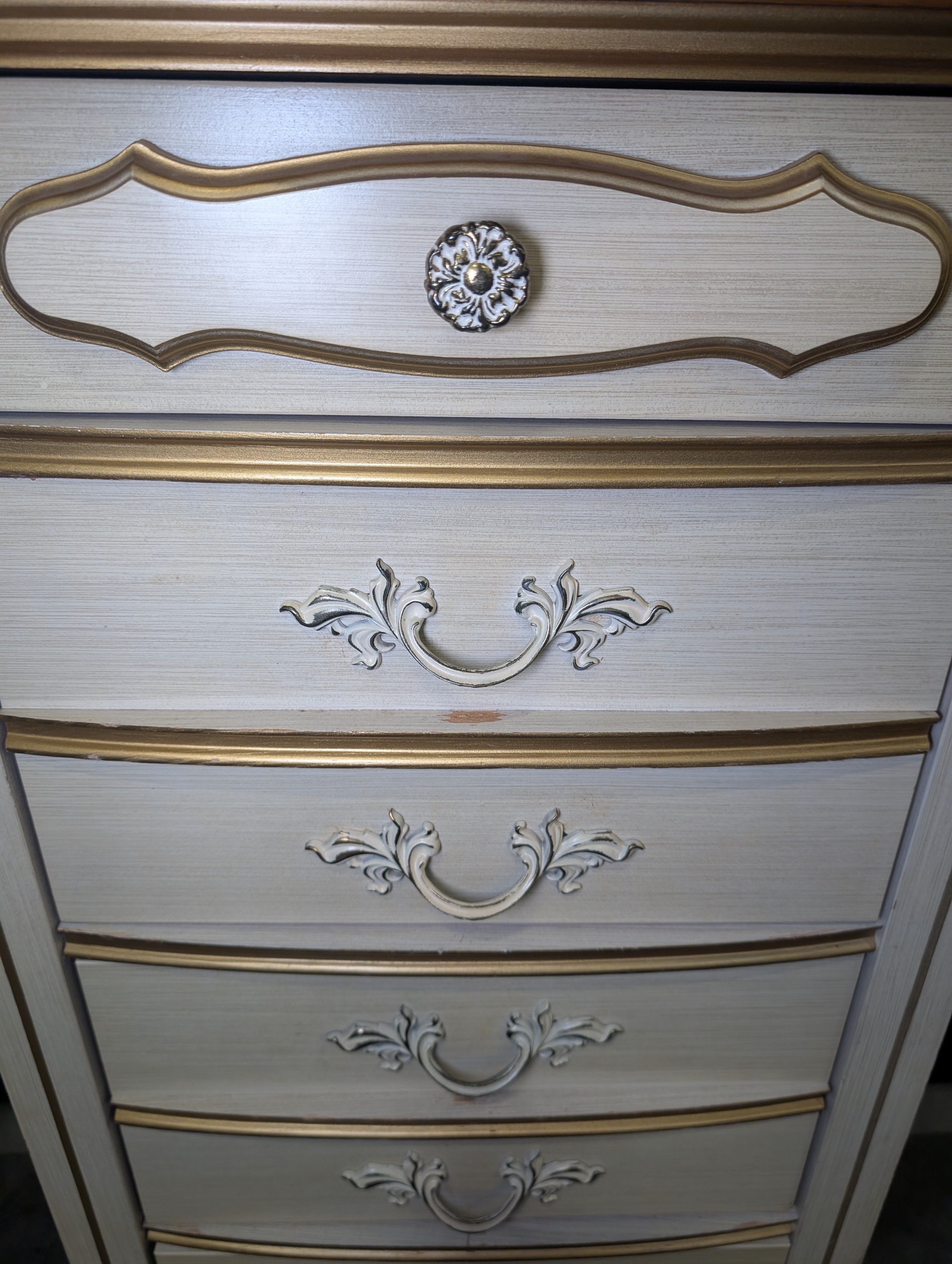 Vintage French Provincial Tall Chest of Drawers, Cream and Gilt Accents