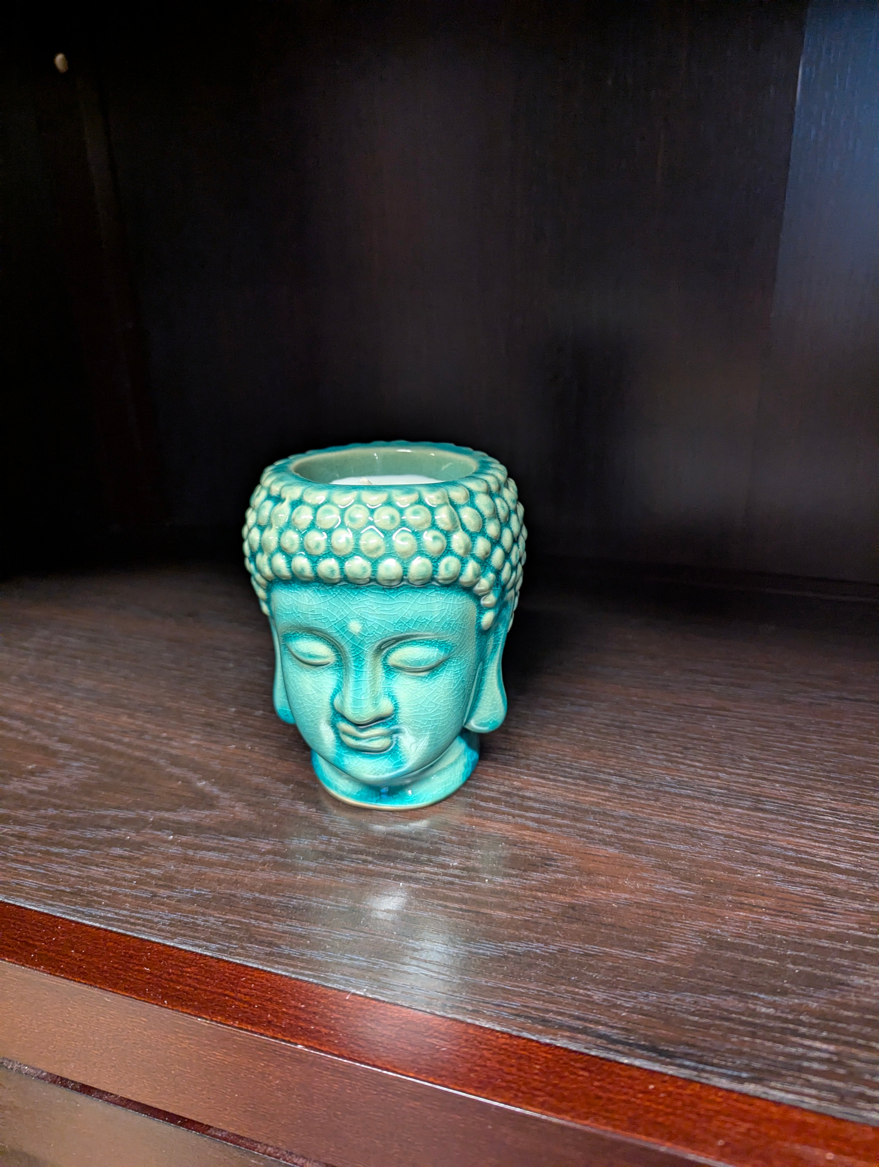 Teal Ceramic Buddha Head Candle Holder with White Candle