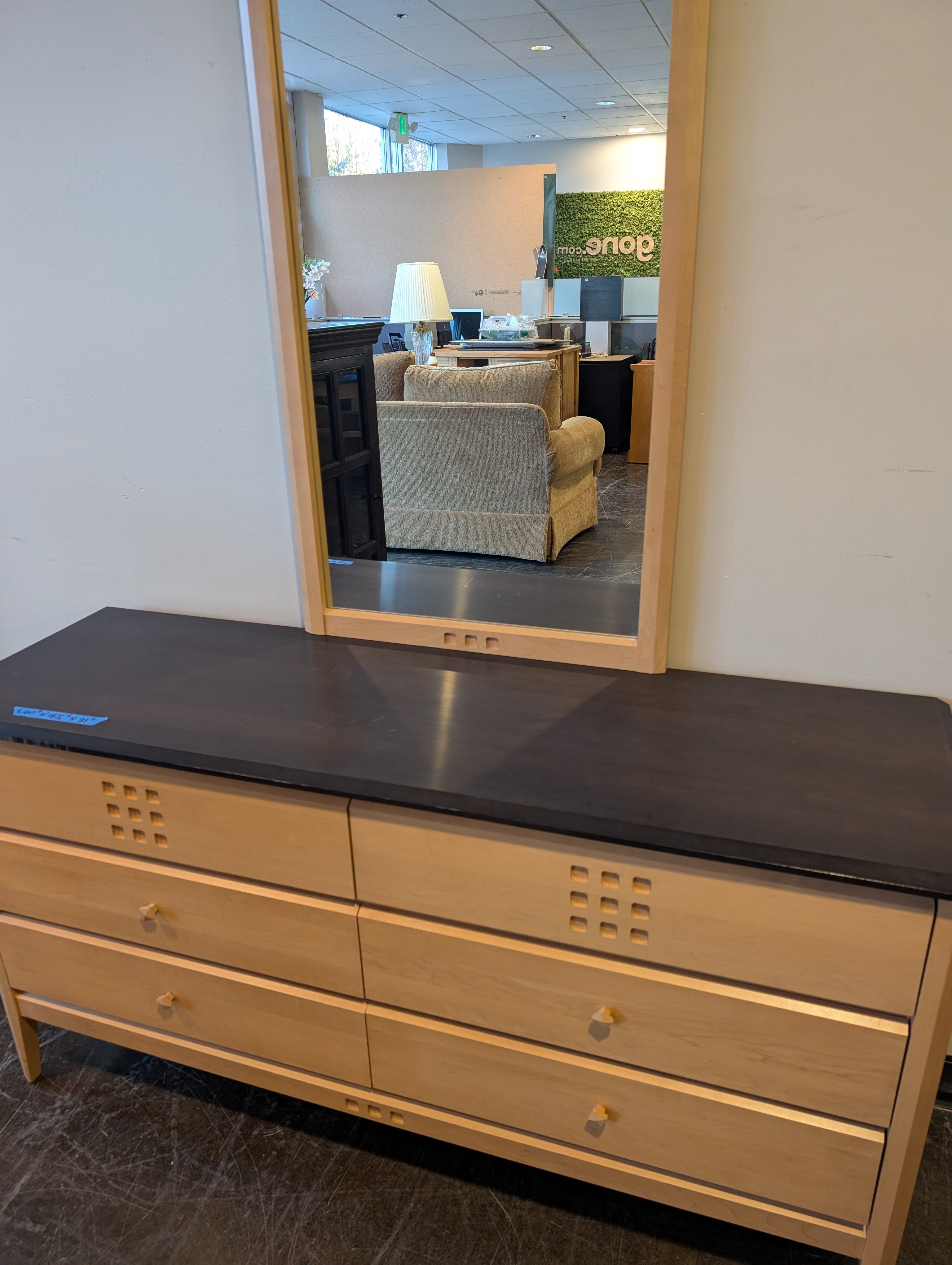 Light Wood Six-Drawer Dresser with Matching Mirror and Dark Top