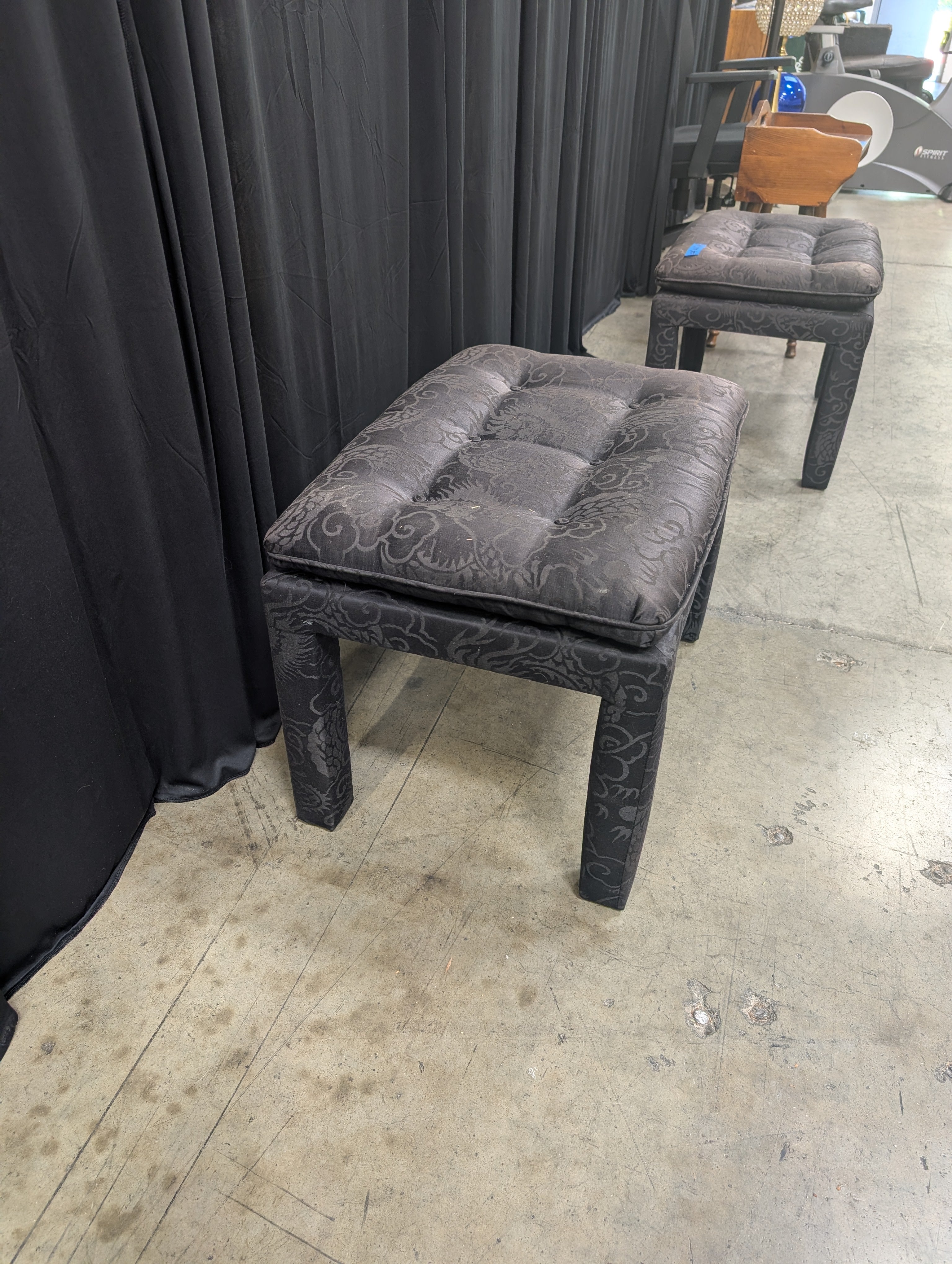Patterned Dark Brown Fabric Ottoman with Tufted Cushion