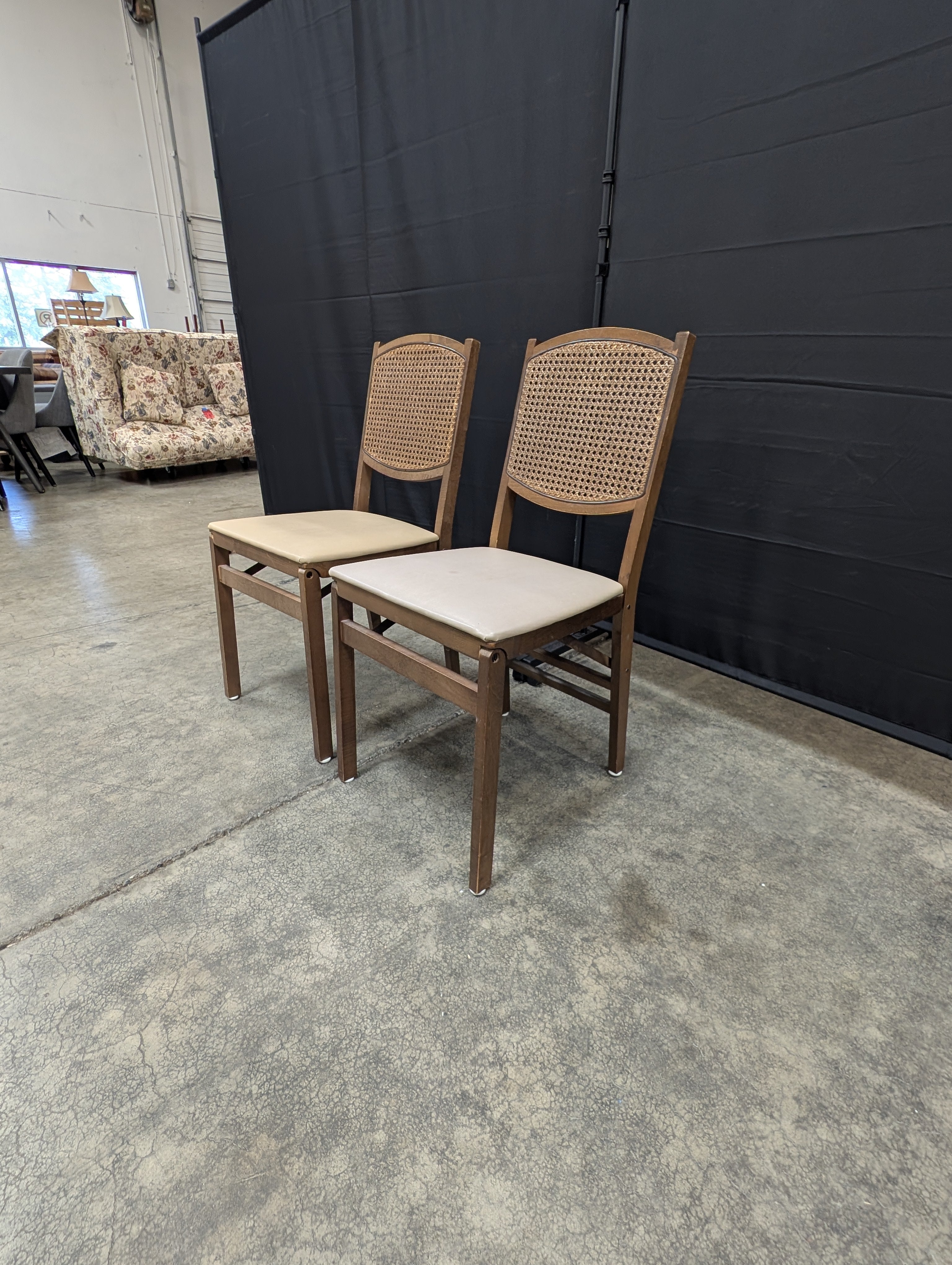 Pair of Wooden Frame Cane Back Folding Chairs