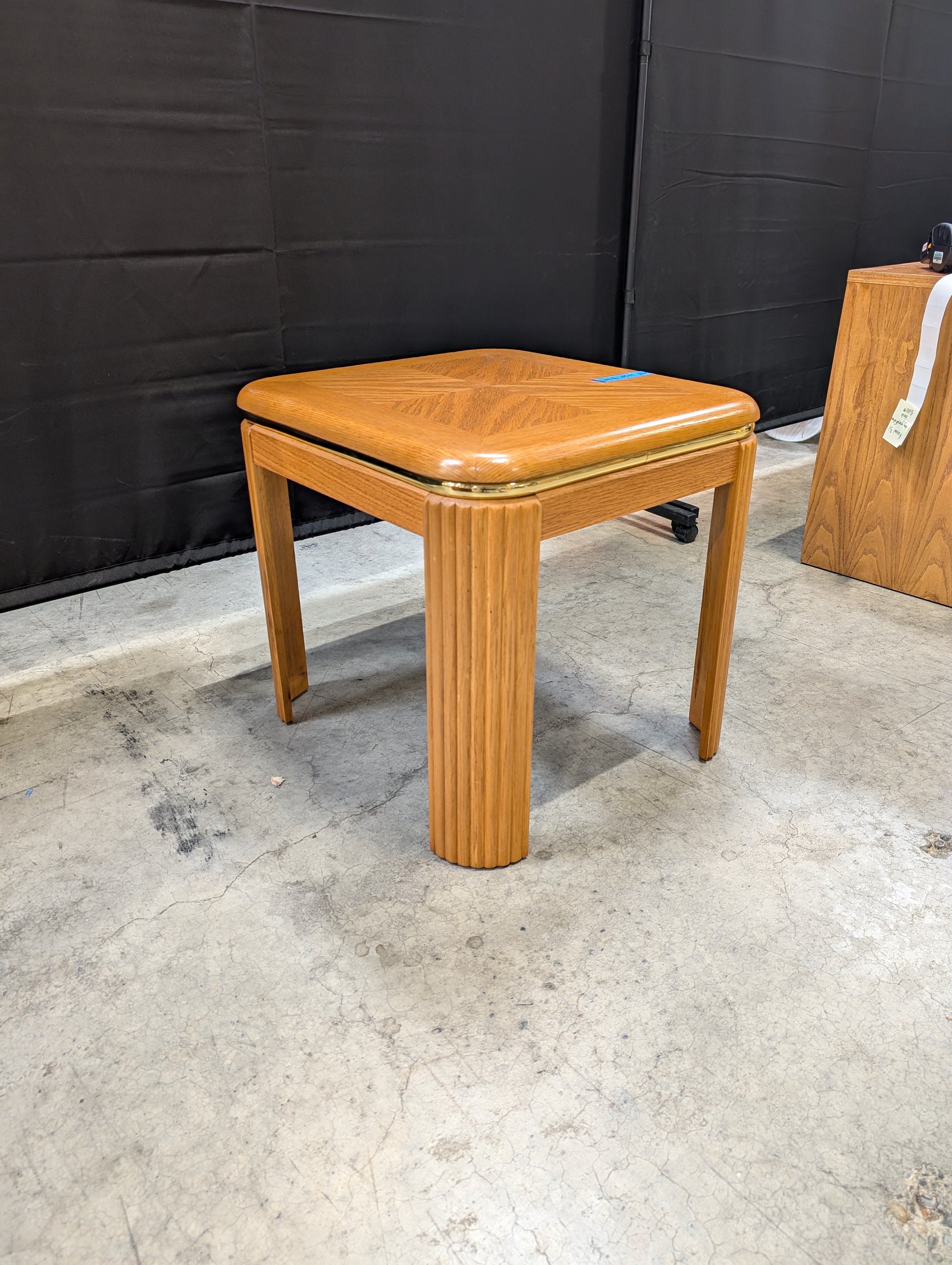 Vintage Light Wood Parquet Top End Table with Fluted Legs