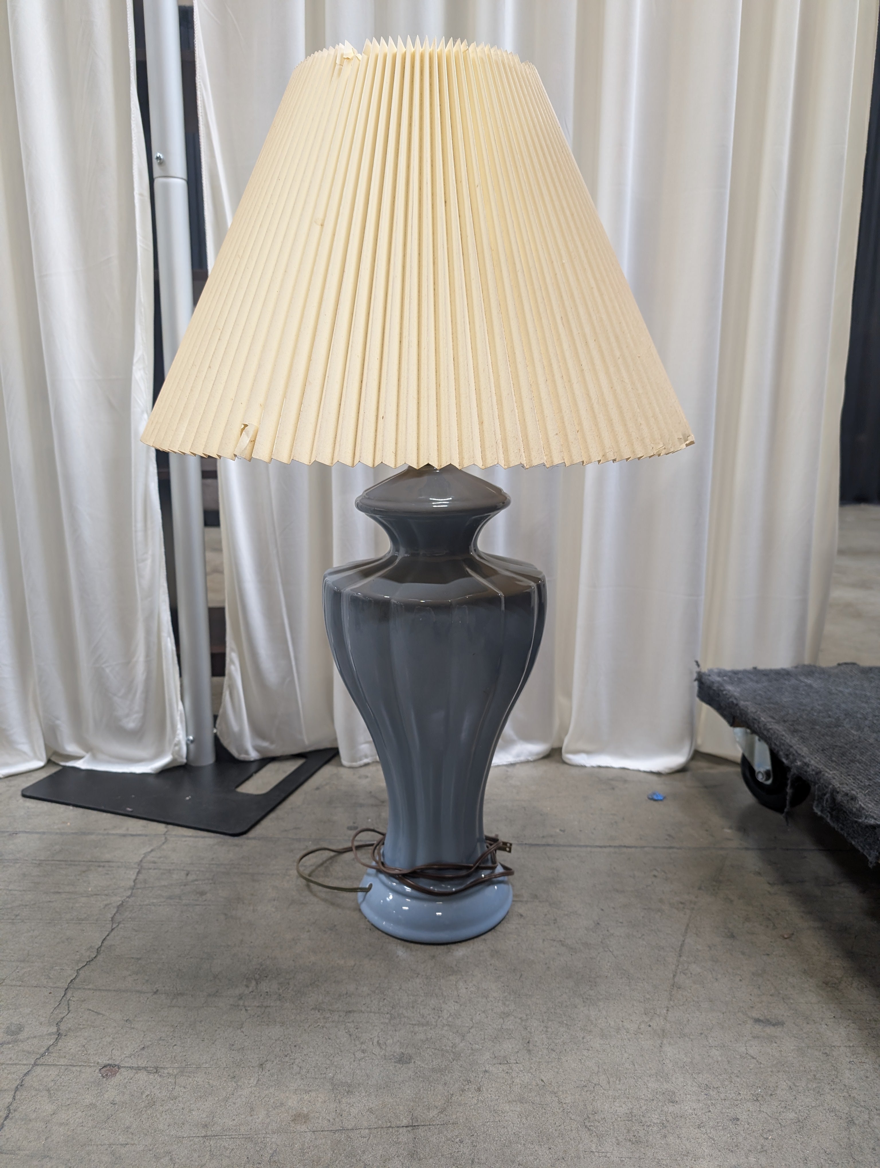 Ribbed Blue Grey Ceramic Table Lamp with Pleated Shade