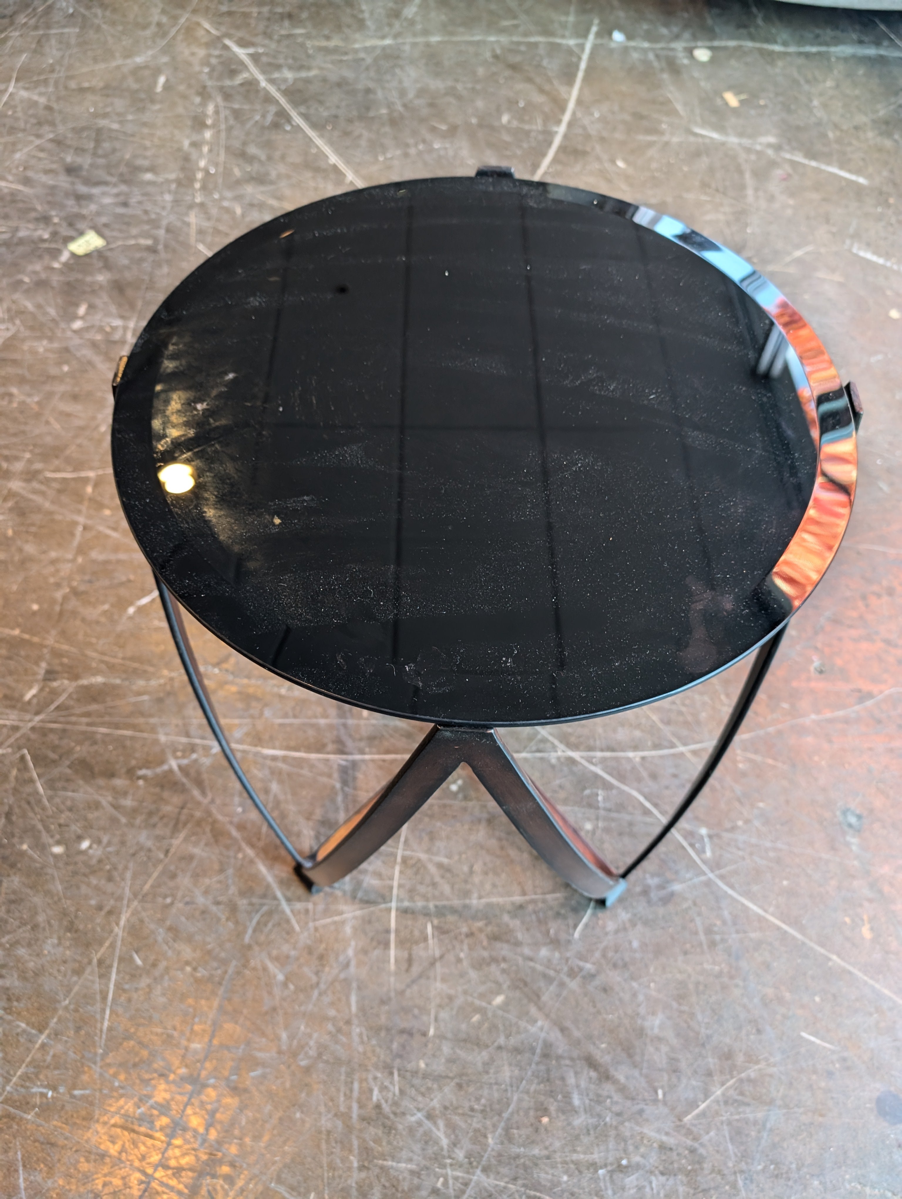 Modern Round Glass Top Side Table with Geometric Dark Wood Base