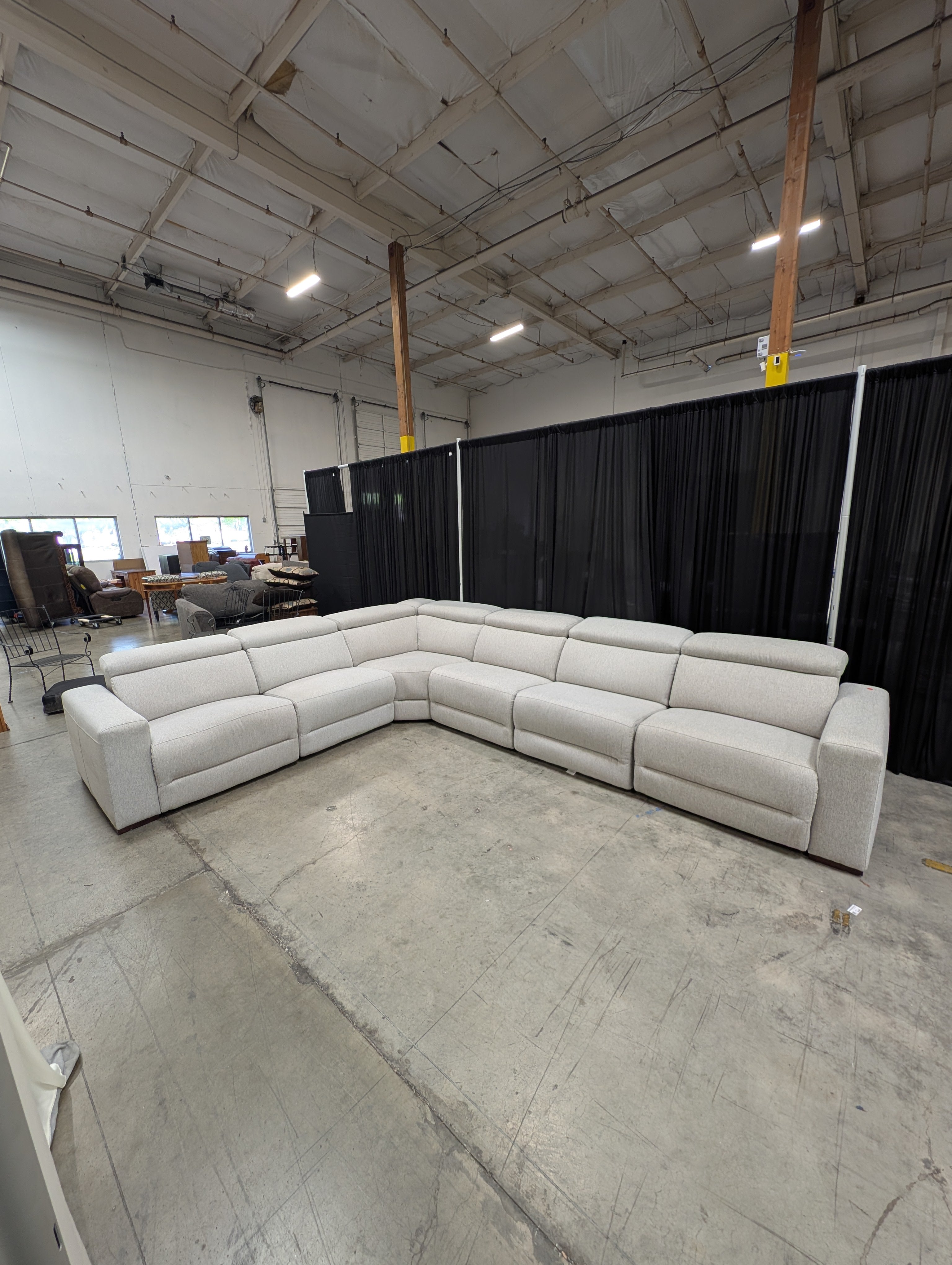 Macy's Nevio 6 Piece Fabric Power Reclining Sectional, 3 Power Recliners with Power Headrests, Light Gray Mineral
