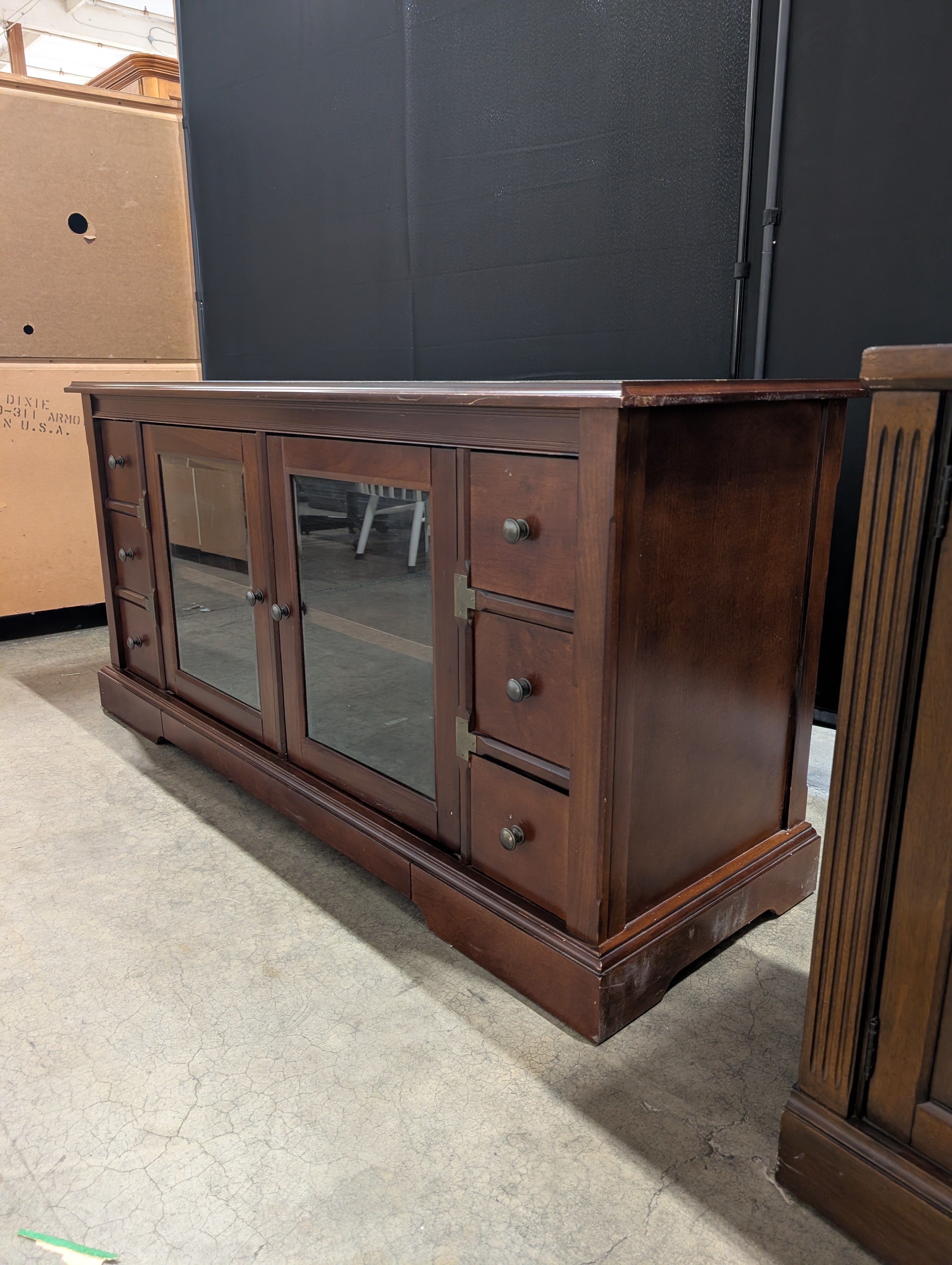Rich Wood Media Console with Glass Doors and Storage Cabinet