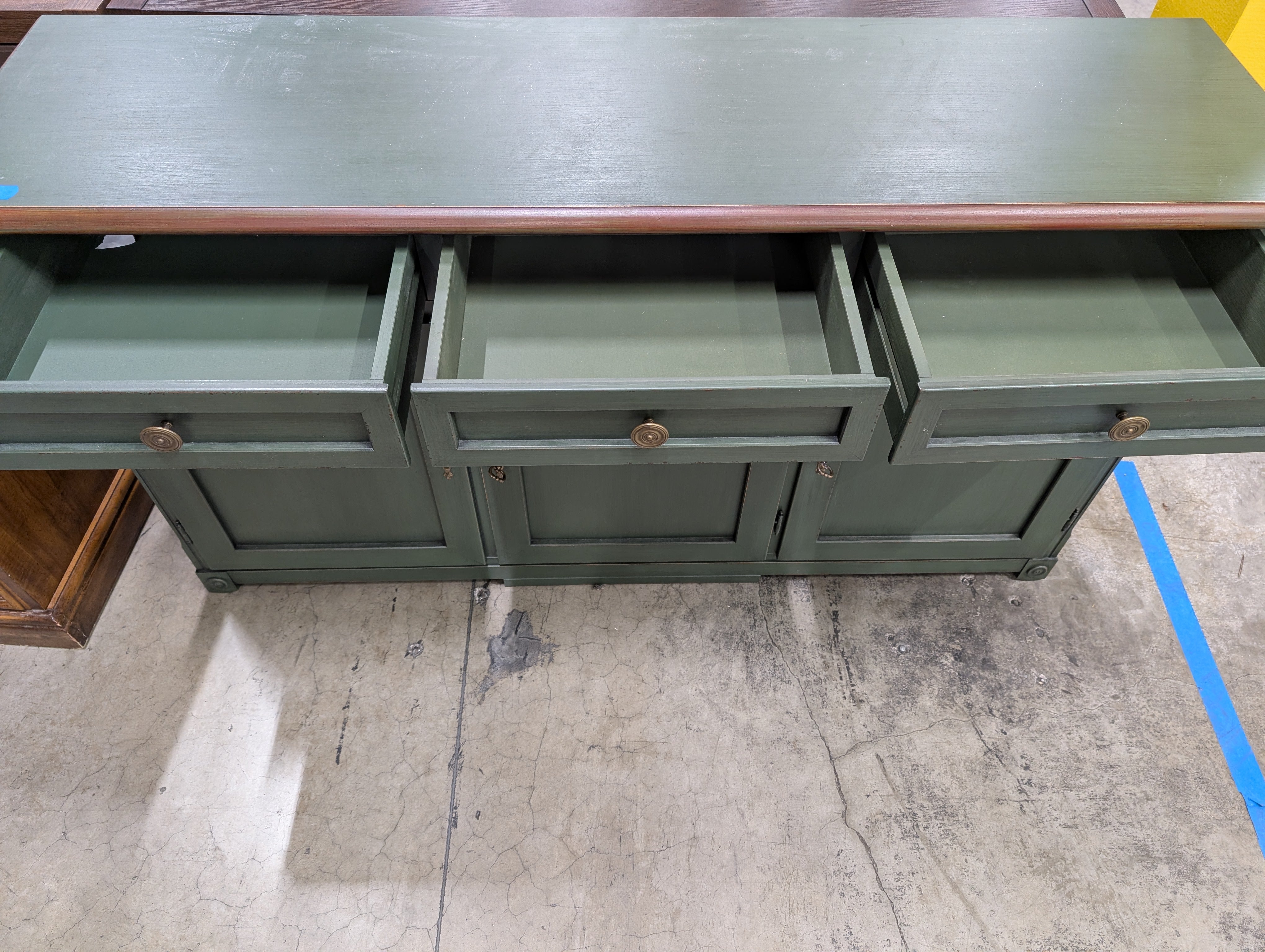 Rustic Dark Green Ballard Designs Buffet Cabinet with Wood Top