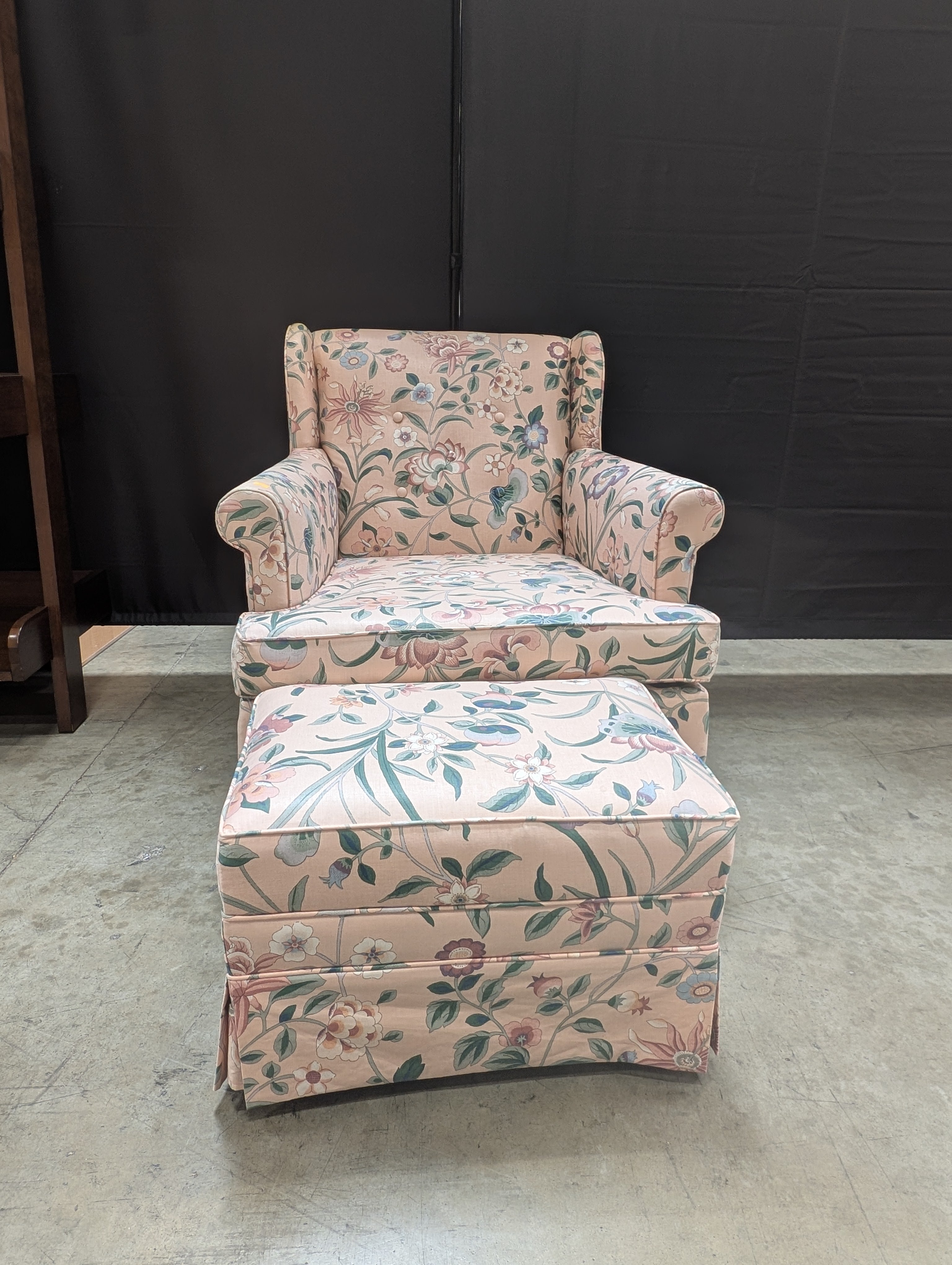 Vintage Style Floral Upholstered Armchair & Ottoman