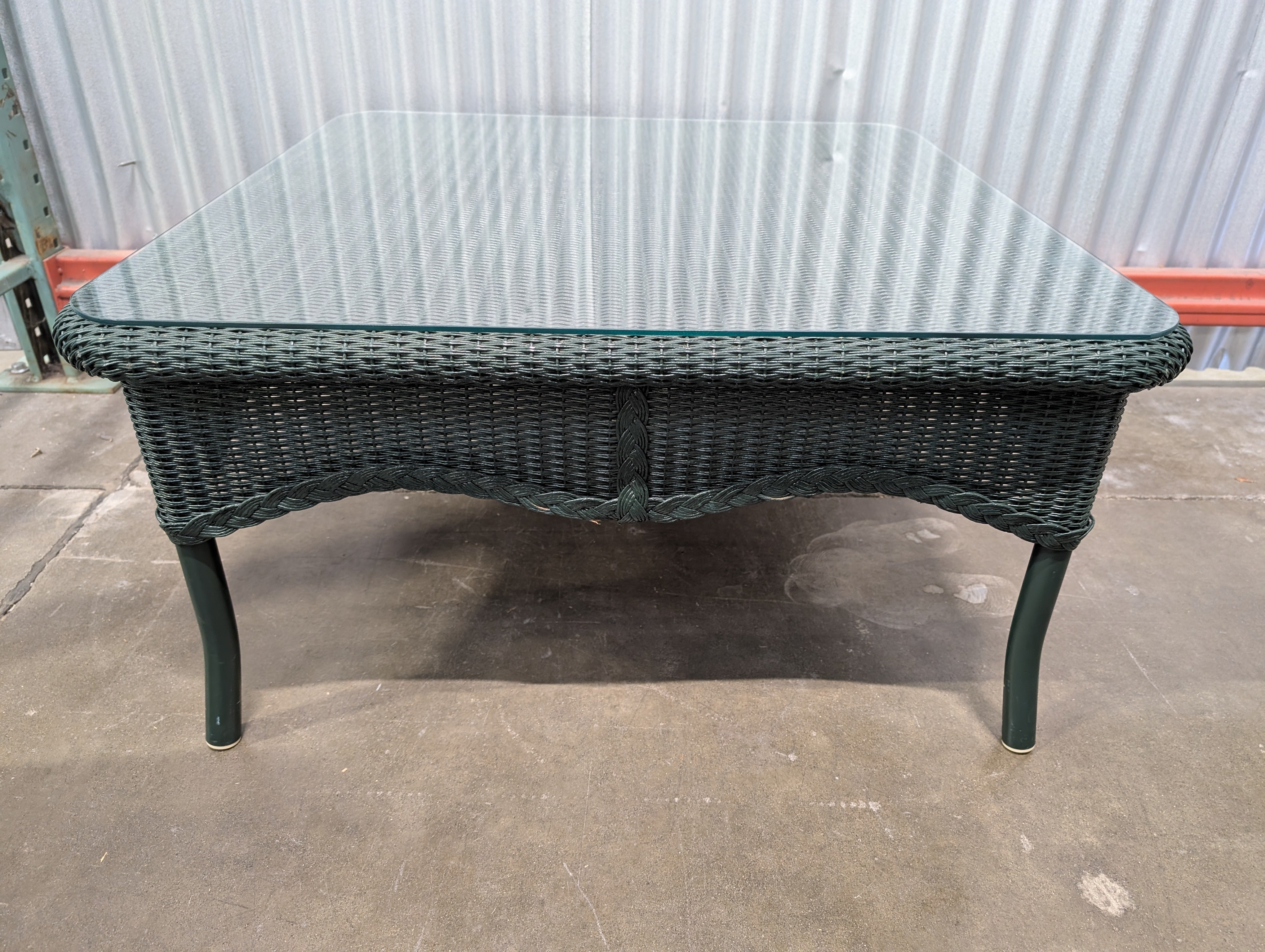 Large Green Resin Wicker Woven Outdoor Table with Glass Top