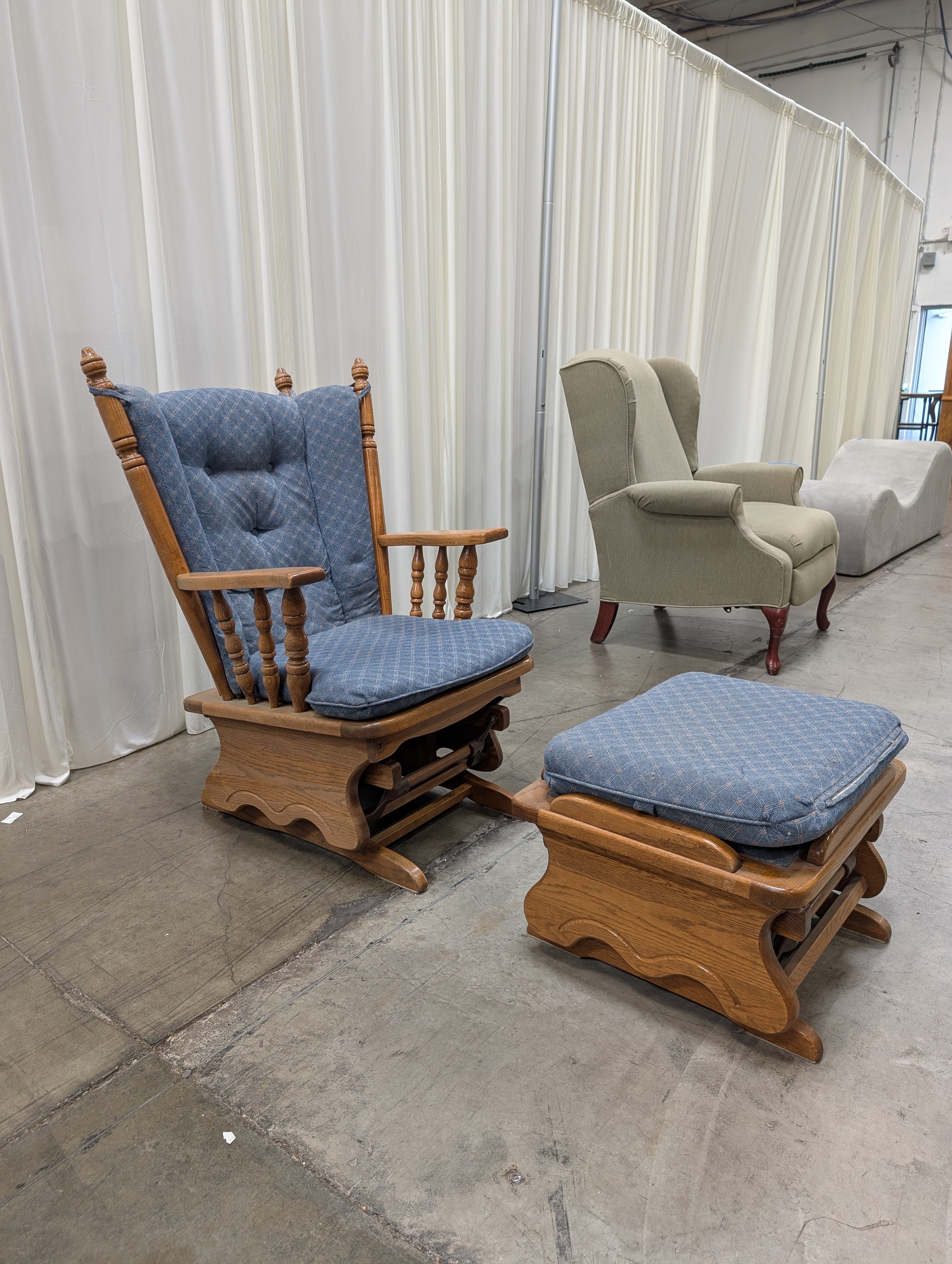 Blue Patterned Glider Chair with Matching Ottoman