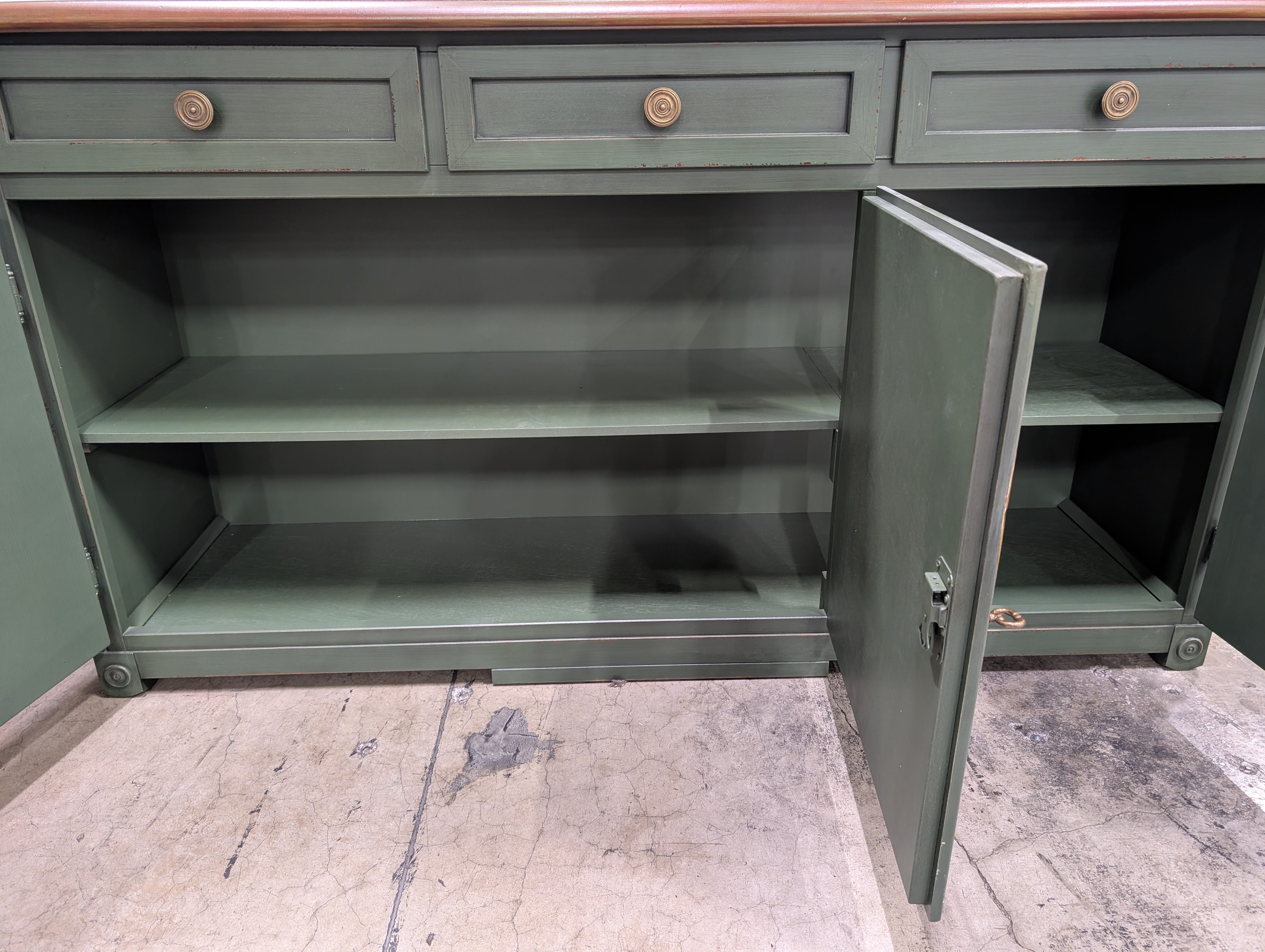 Rustic Dark Green Ballard Designs Buffet Cabinet with Wood Top