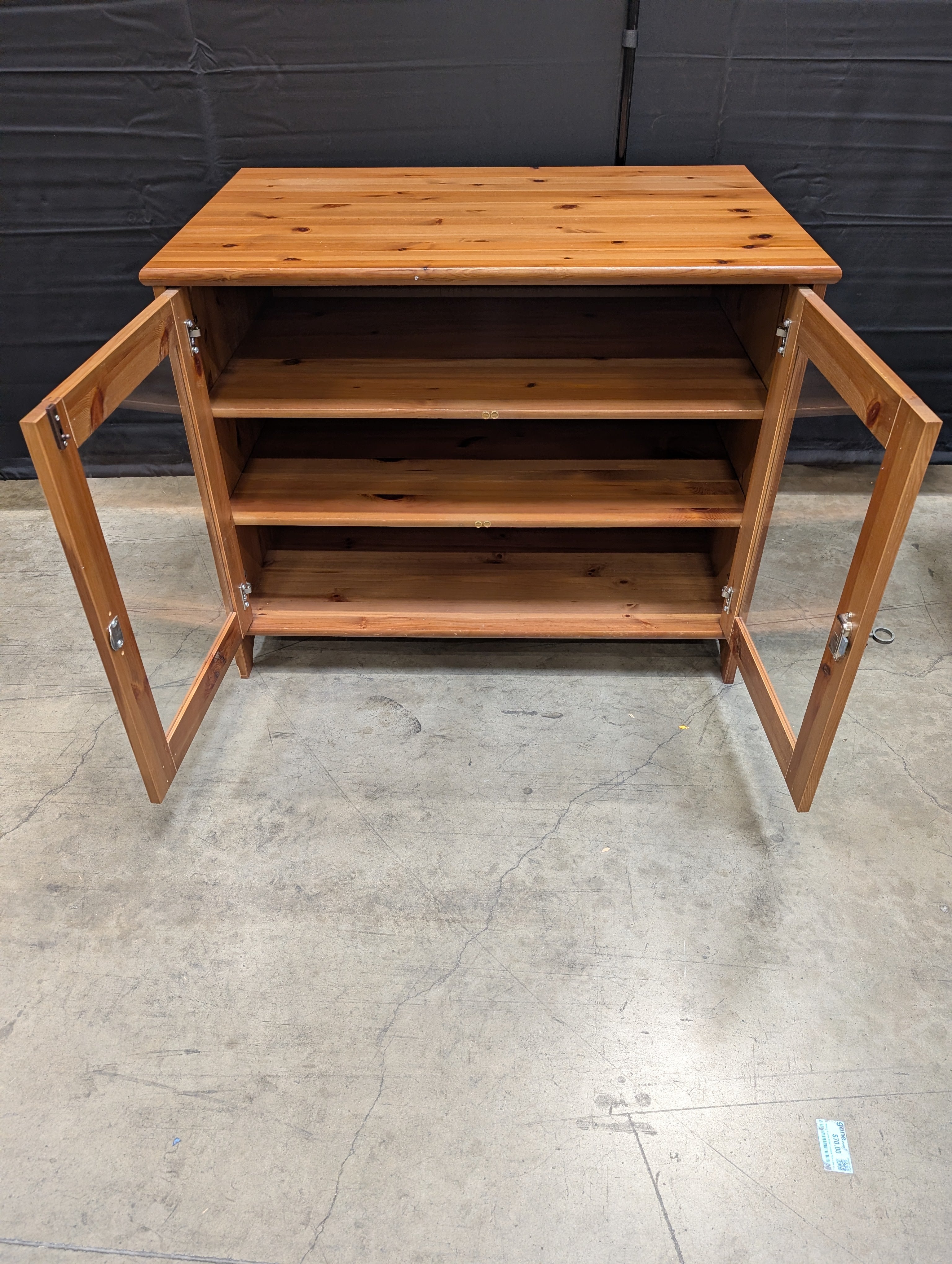 Rustic Pine Finish Display Cabinet with Glass Doors