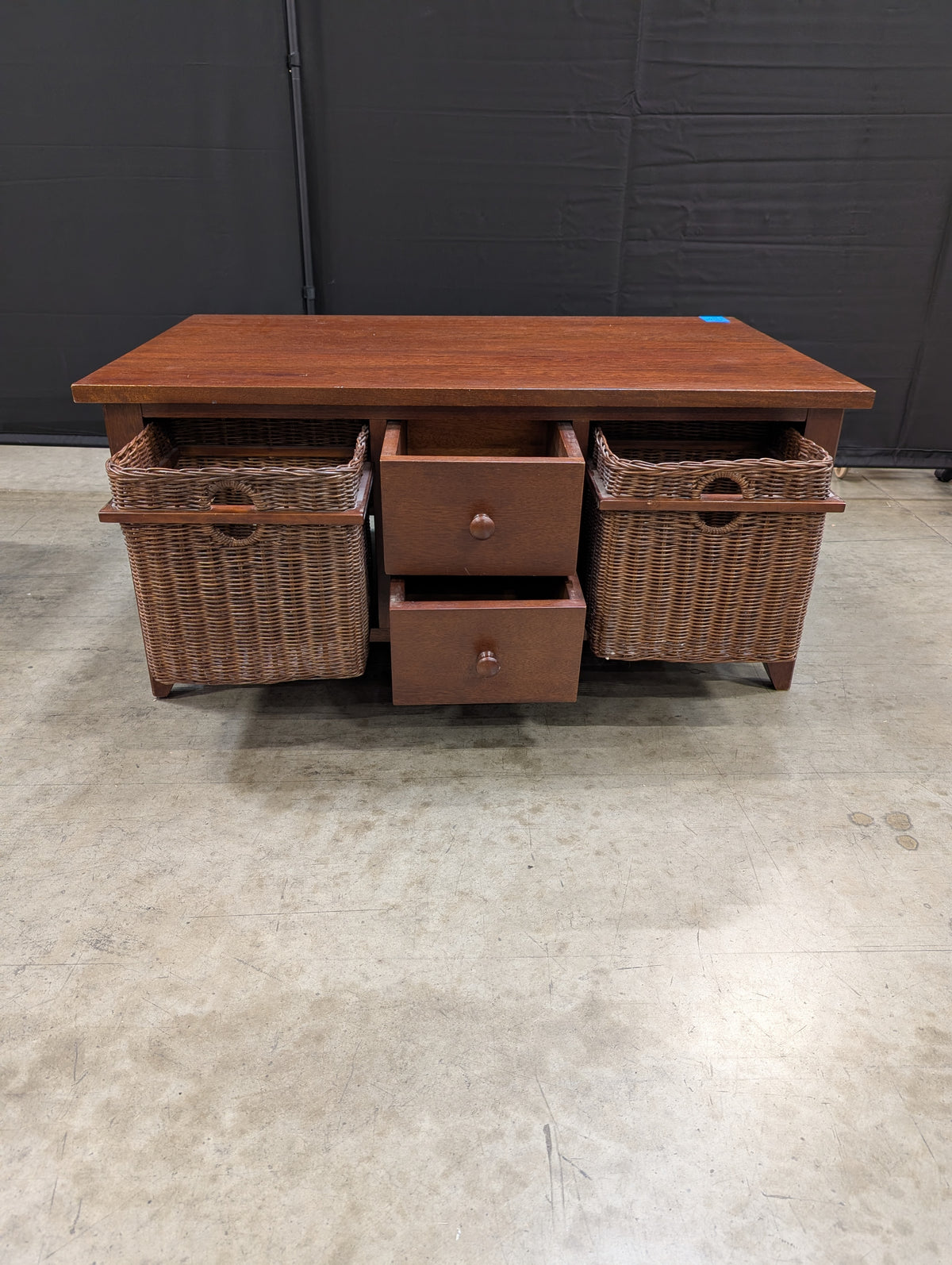 Dark Brown Wood Coffee Table with Wicker Storage Baskets