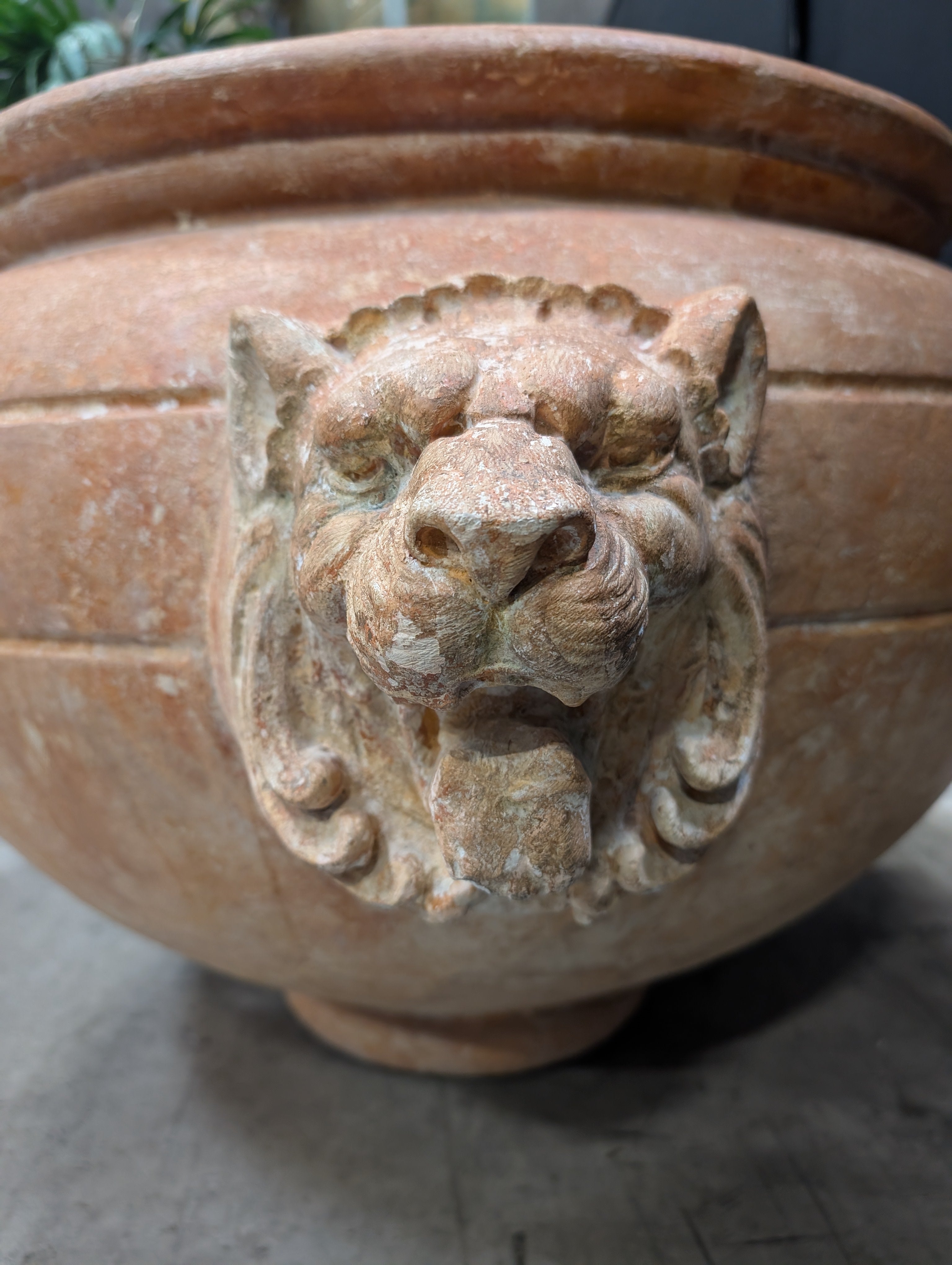 Ornate Terracotta-Style Planter with Lion Head Accents