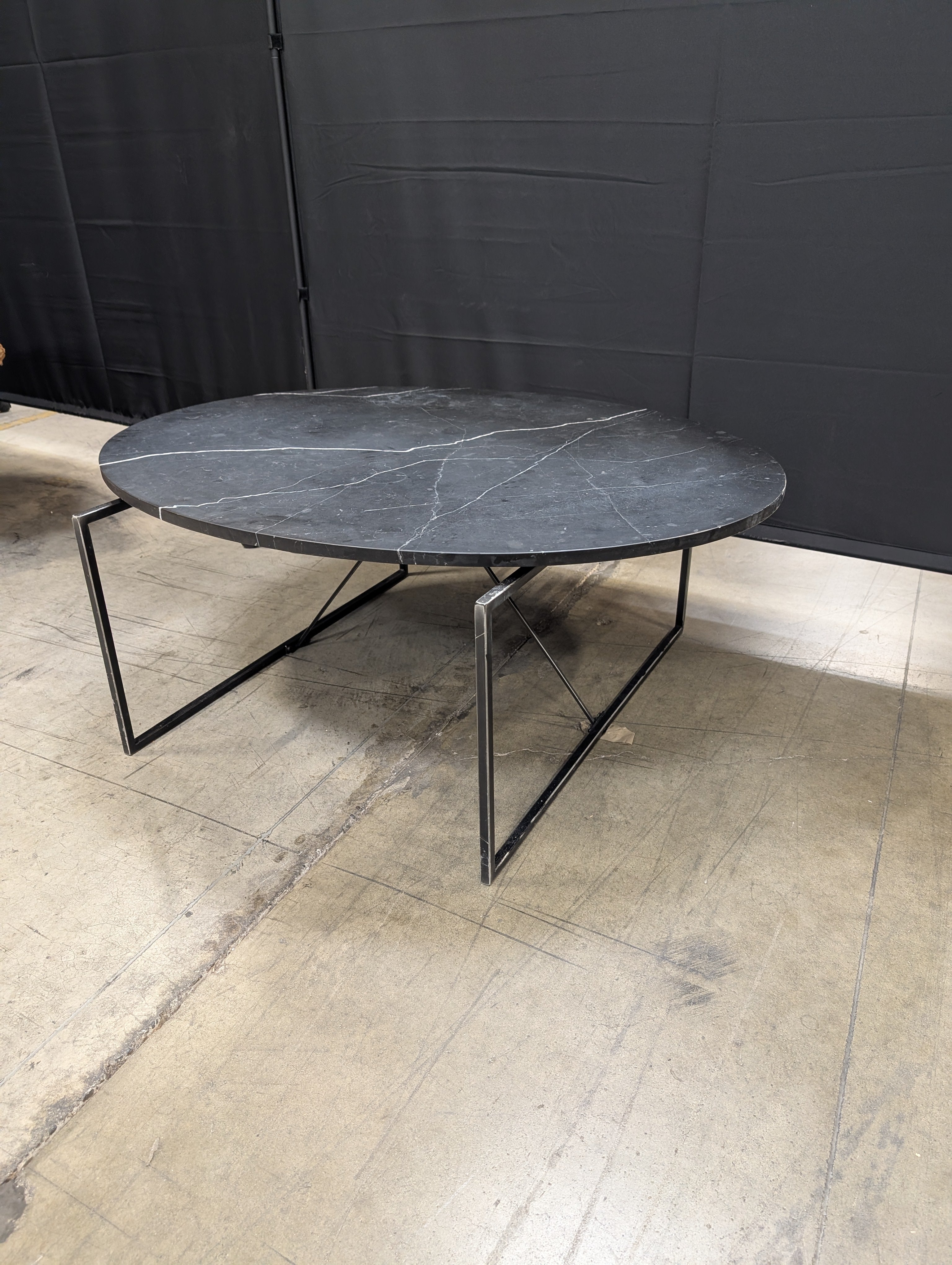 Modern Oval Stone Top Coffee Table with Geometric Metal Base