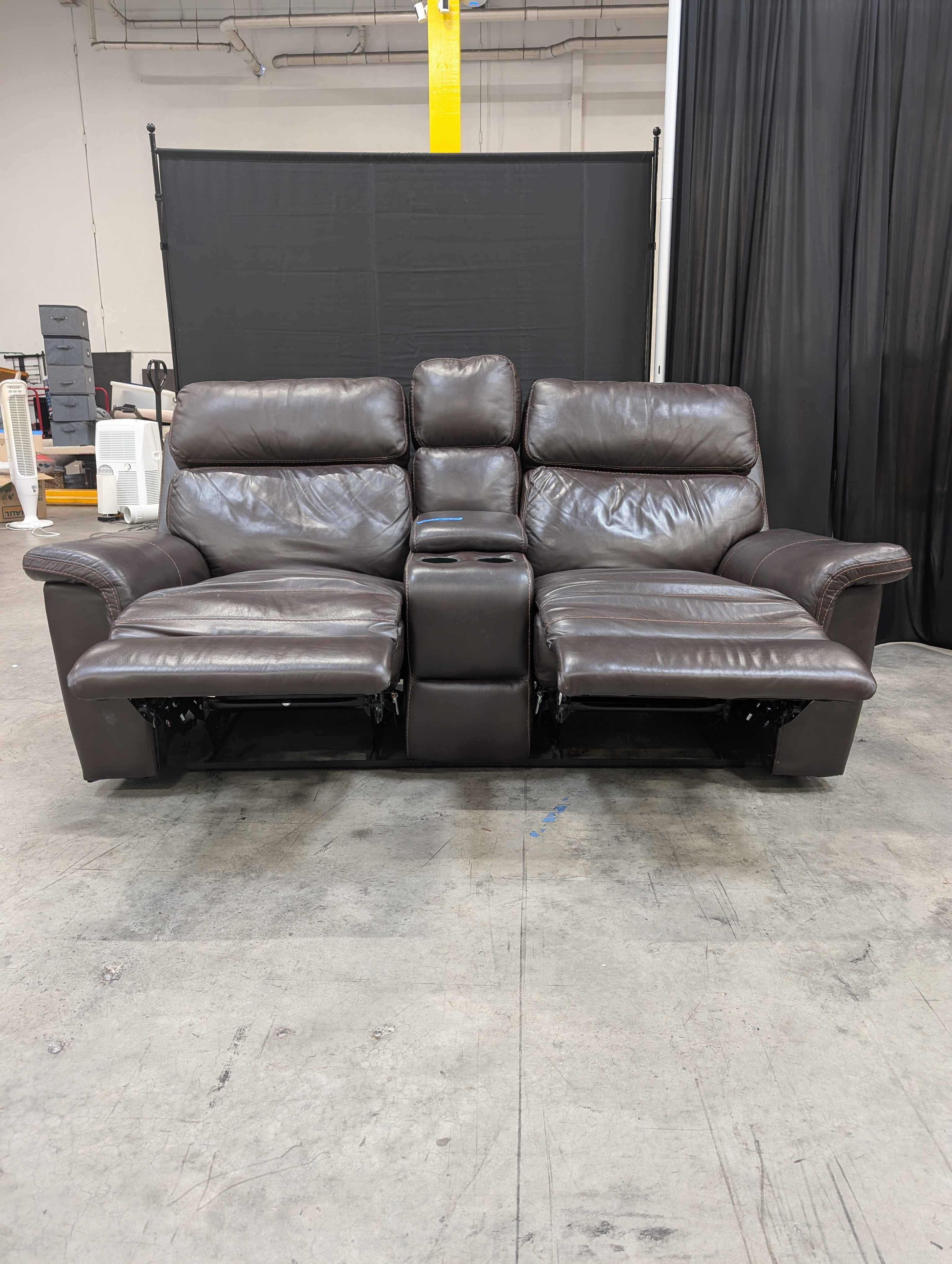 Brown Leather-Look Reclining Couch with Cup Holders