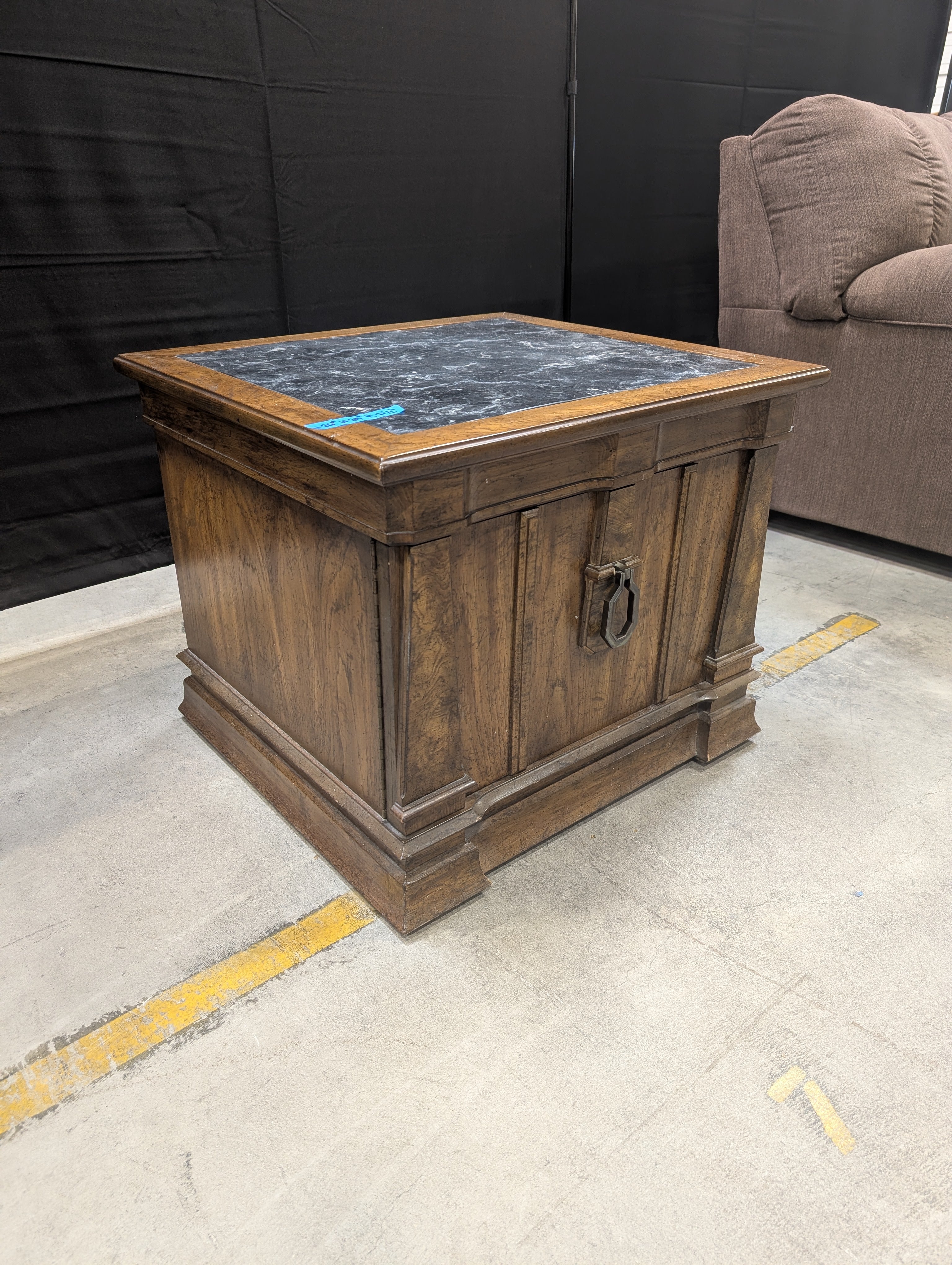 Dark Wood Cabinet End Table with Marble Top
