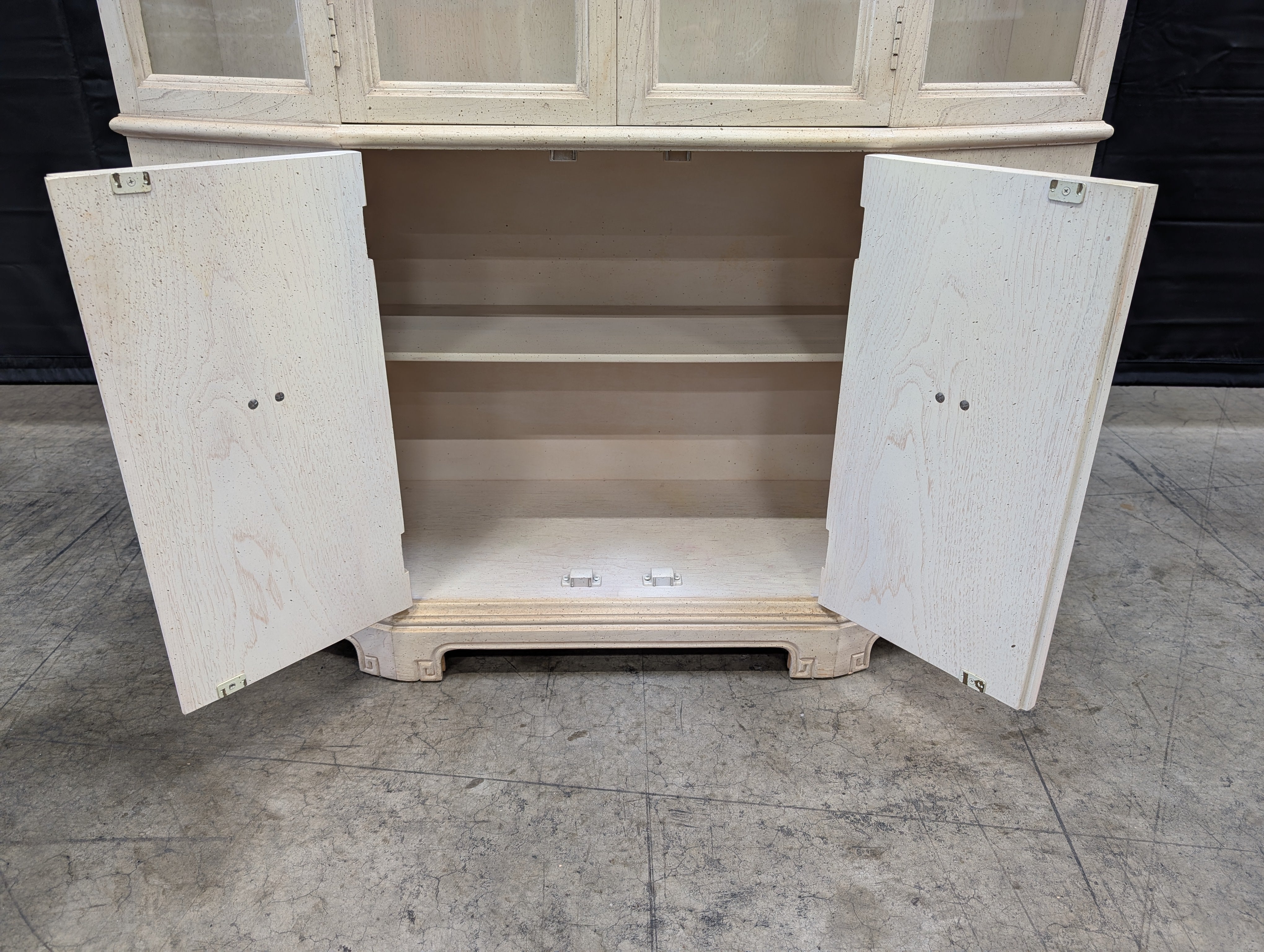 Distressed White Wood Display Hutch with Arched Glass Doors