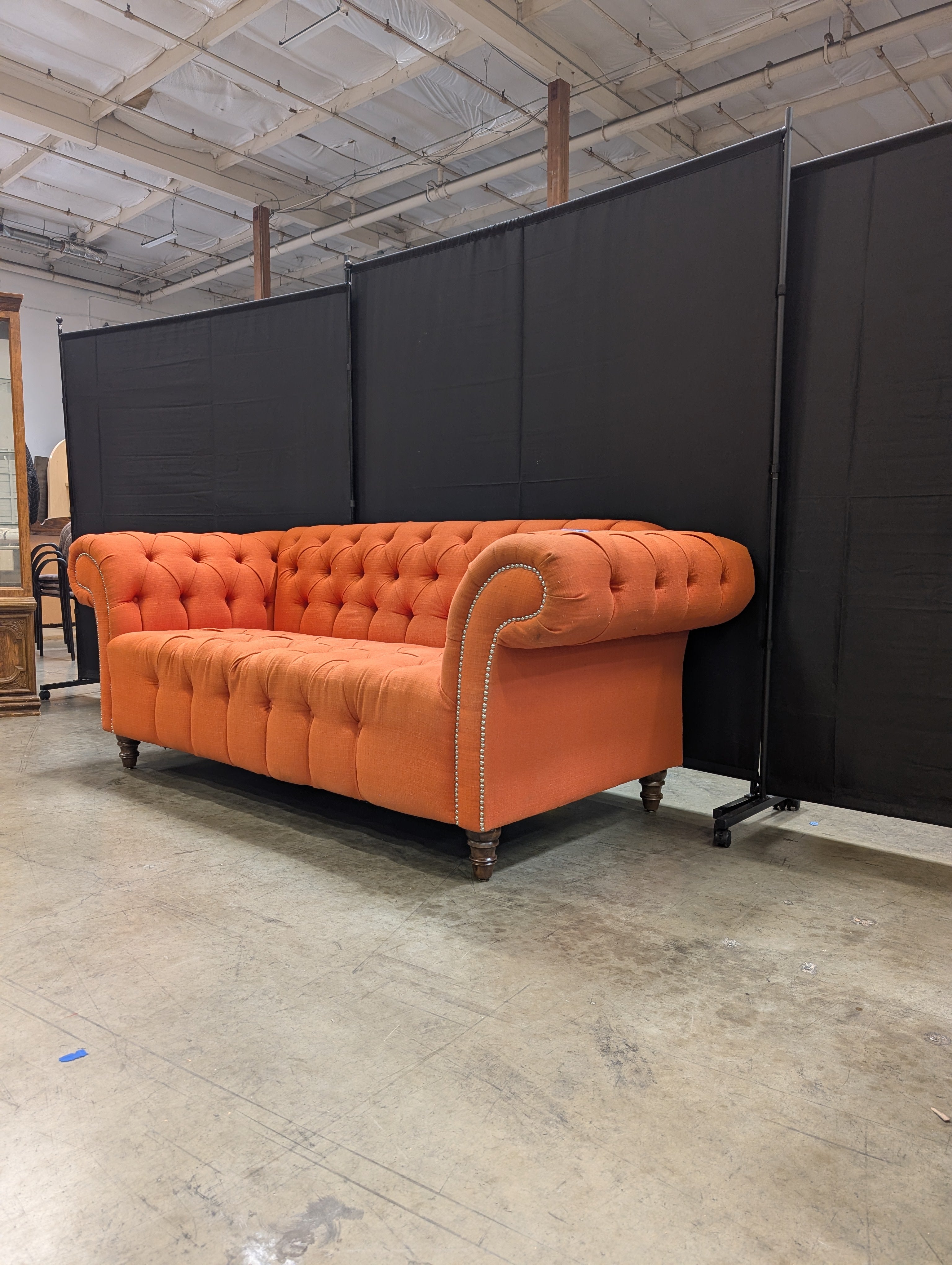Vibrant Orange Button-Tufted Chesterfield Style Settee