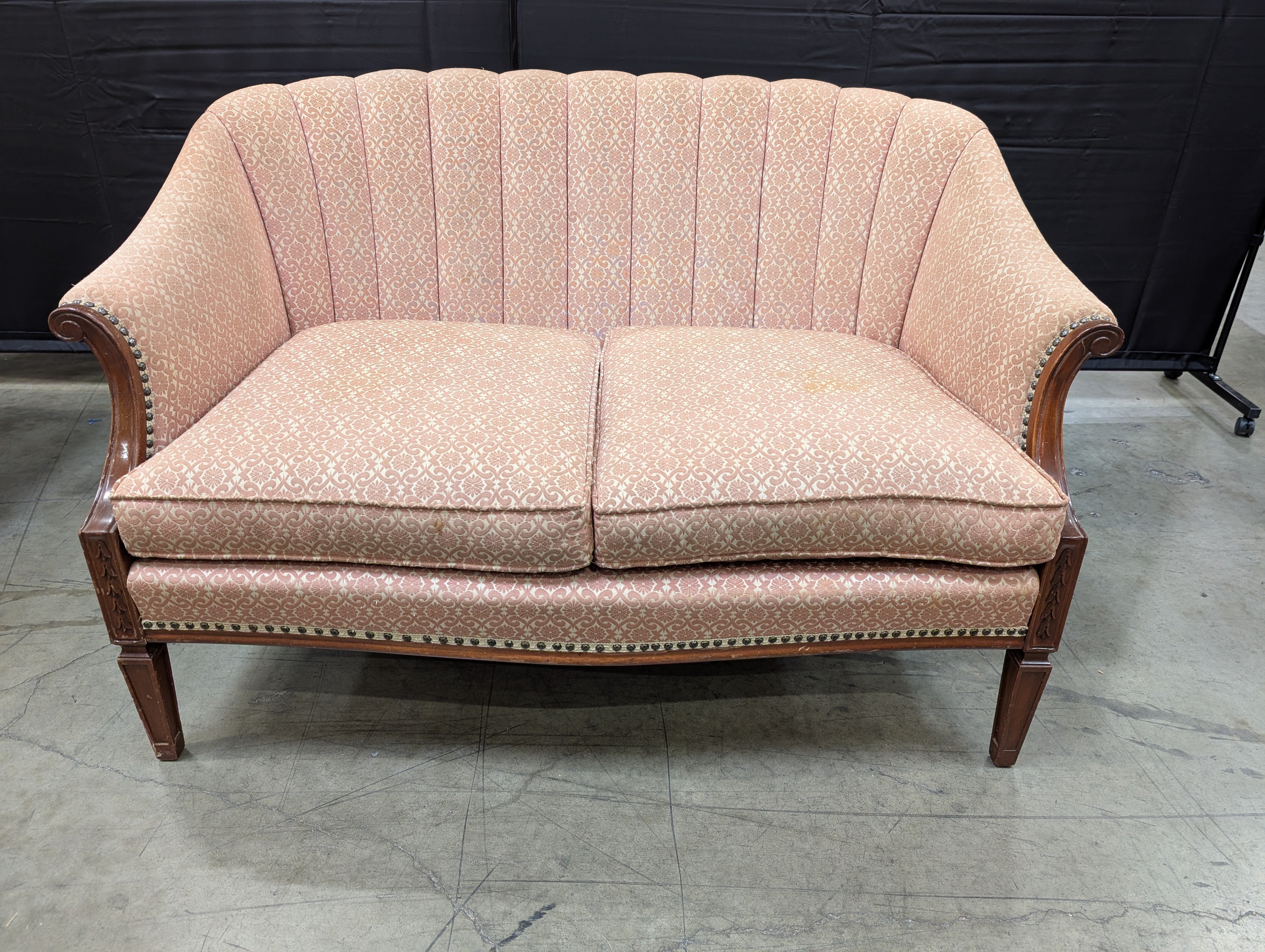 Poor condition Traditional Patterned Fabric Two-Seater Sofa with Wood Frame
