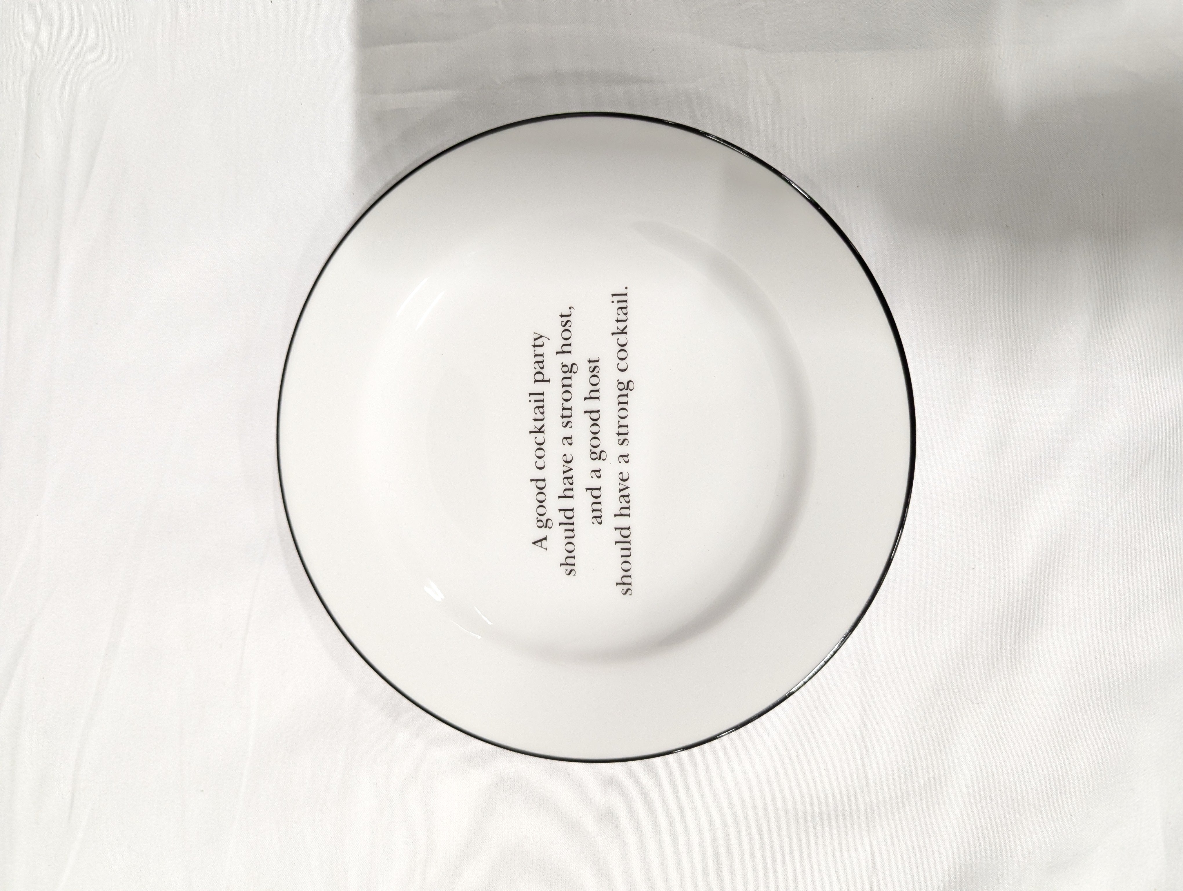 Whimsical White Ceramic Plate with Cocktail Quote Black Rim