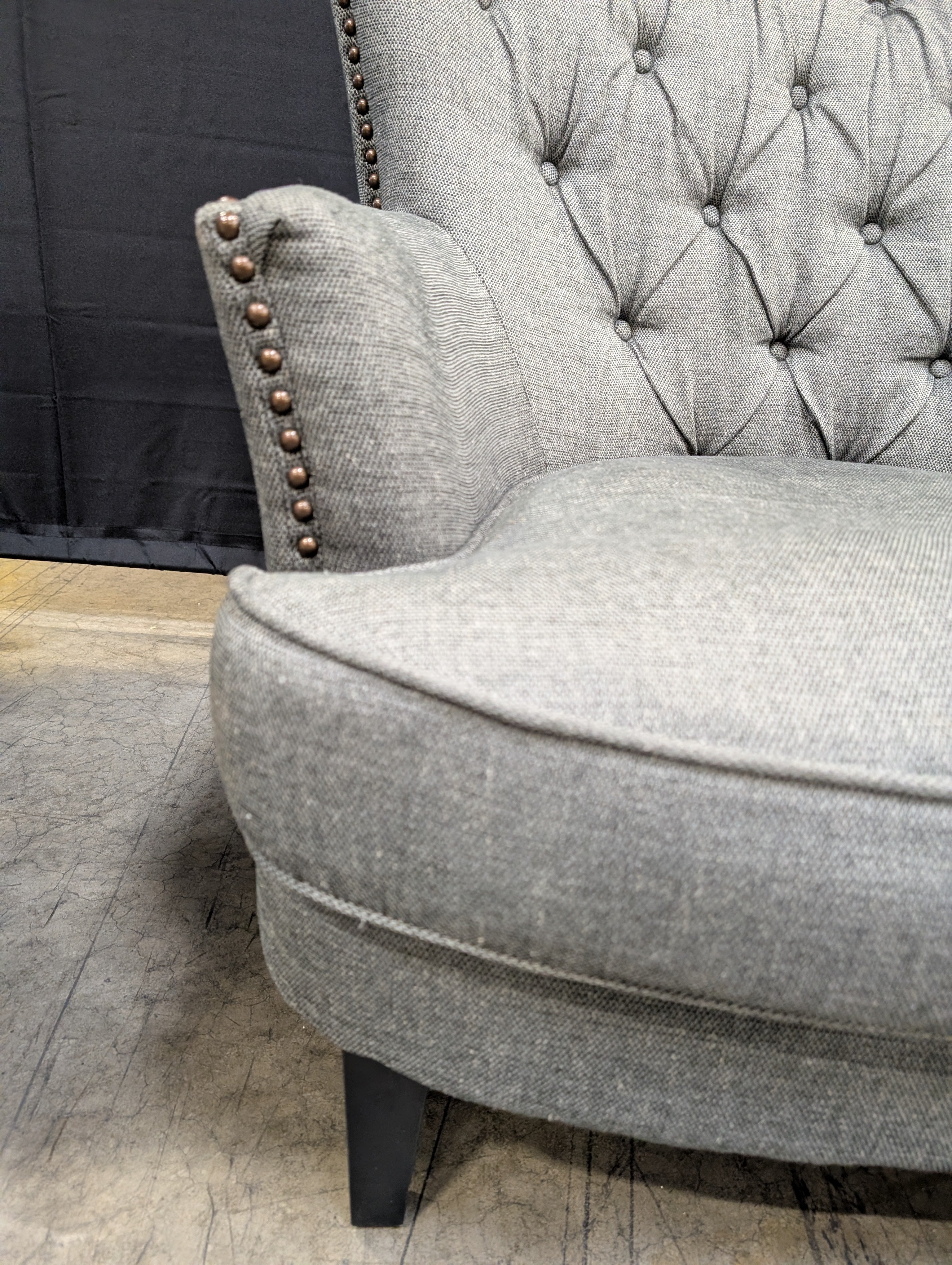 Grey Tufted Upholstered Club Chair with Nailhead Trim