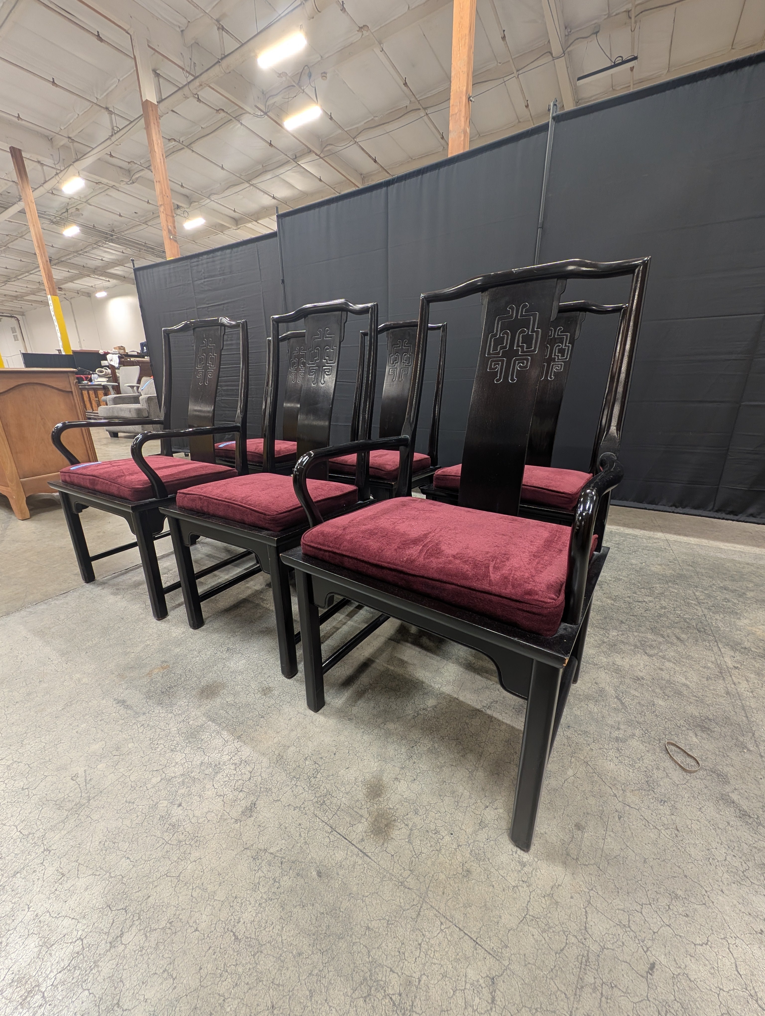 Set of Six Century Furniture INC. Black Lacquer Dining Chair with Burgundy