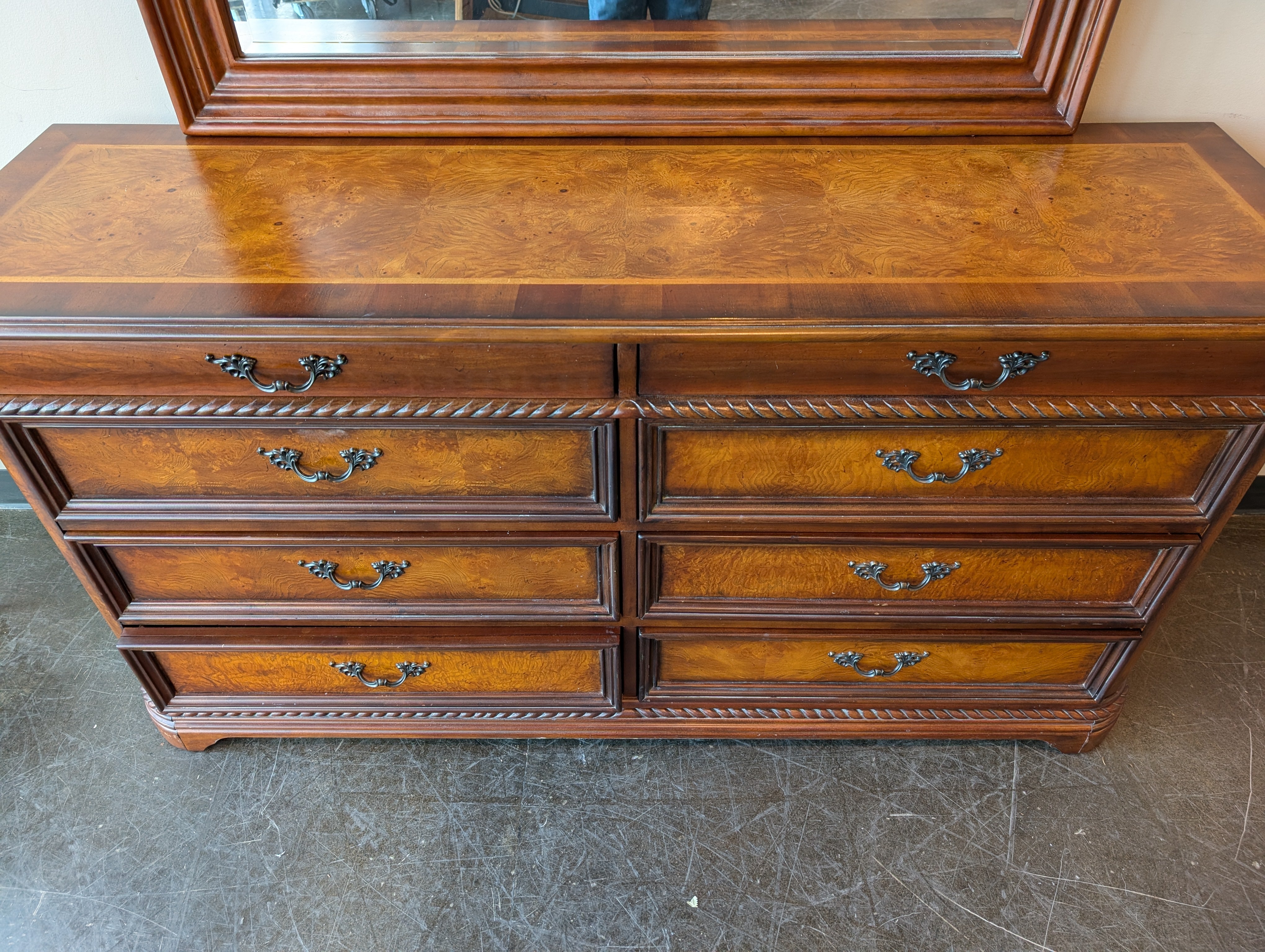 Ornate Dark Wood Dresser with Arched Mirror